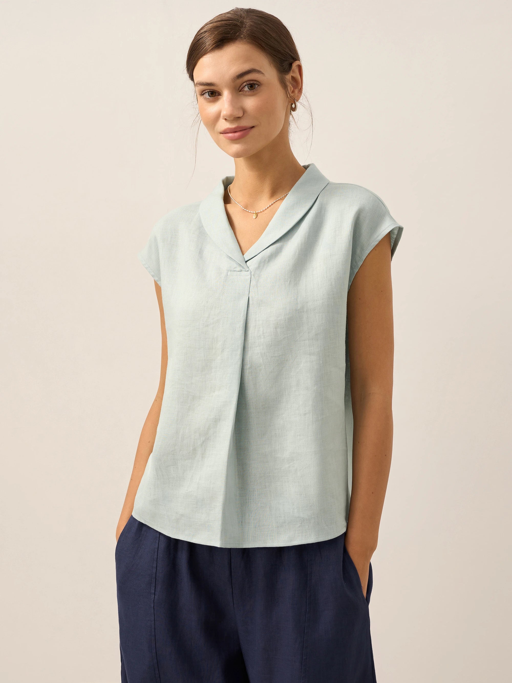 100% Linen Shawl V-Neck Cap Sleeves Top ELARA