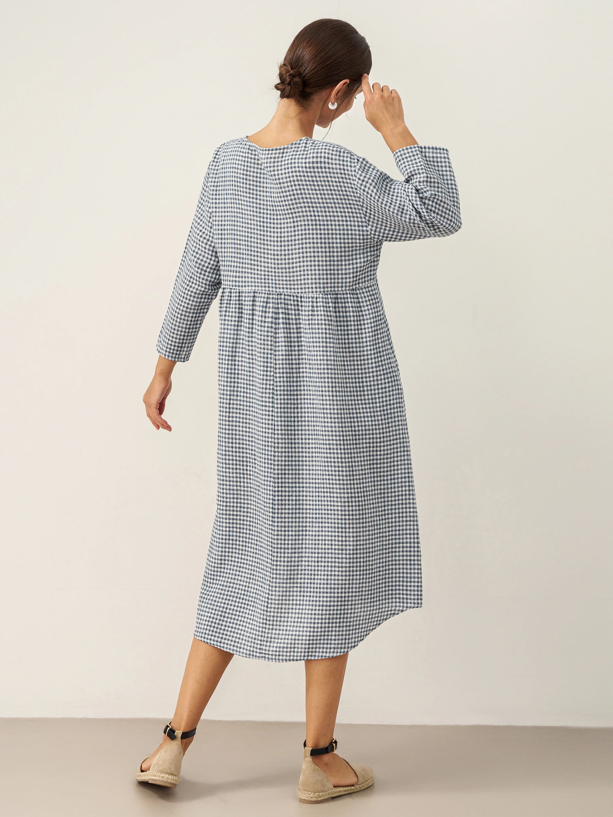 Linen Check Long Sleeve Midi Dress FIRTH
