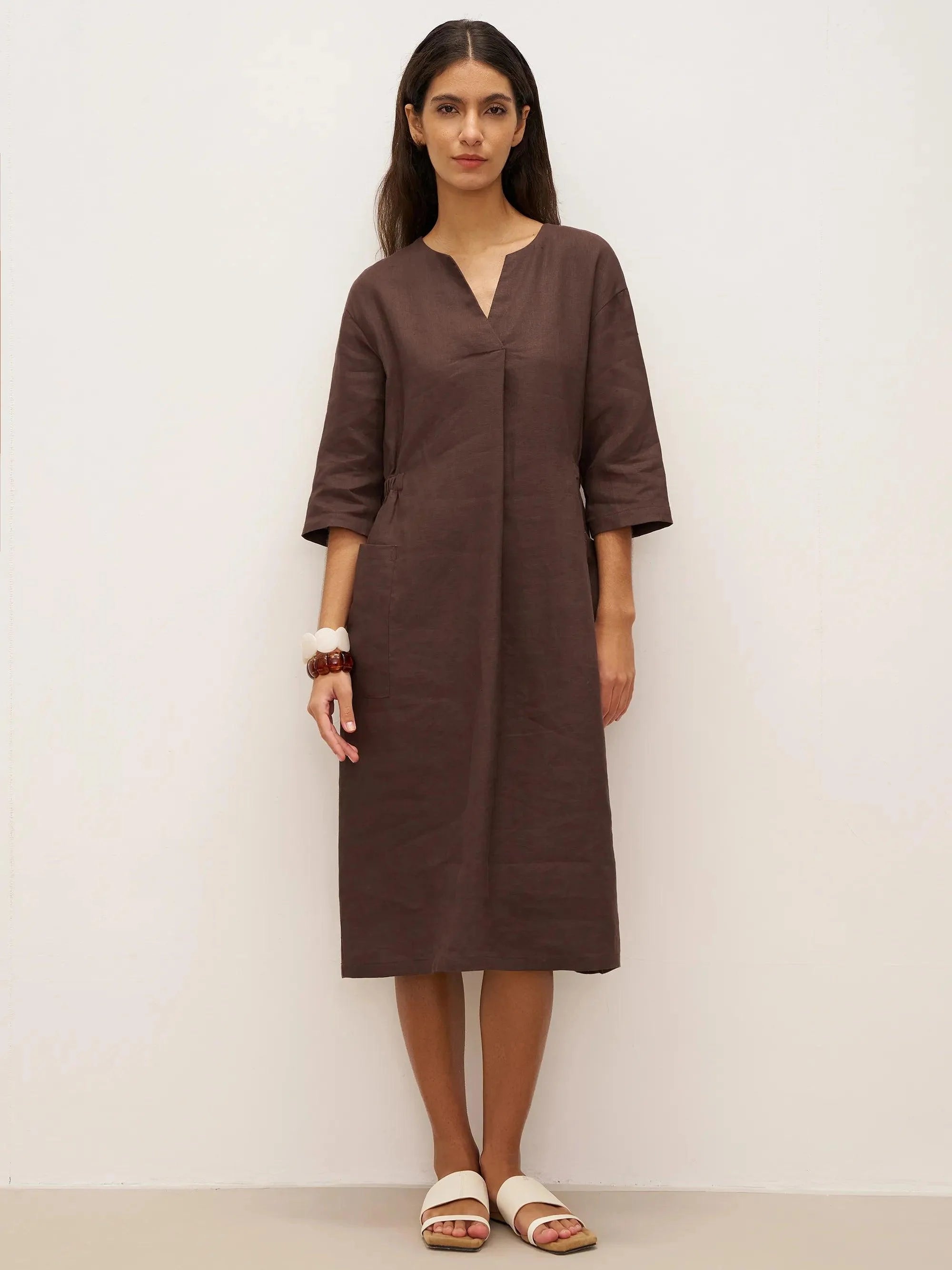 100% Linen V-neck Bell Pocket Midi Dress EVELINA
