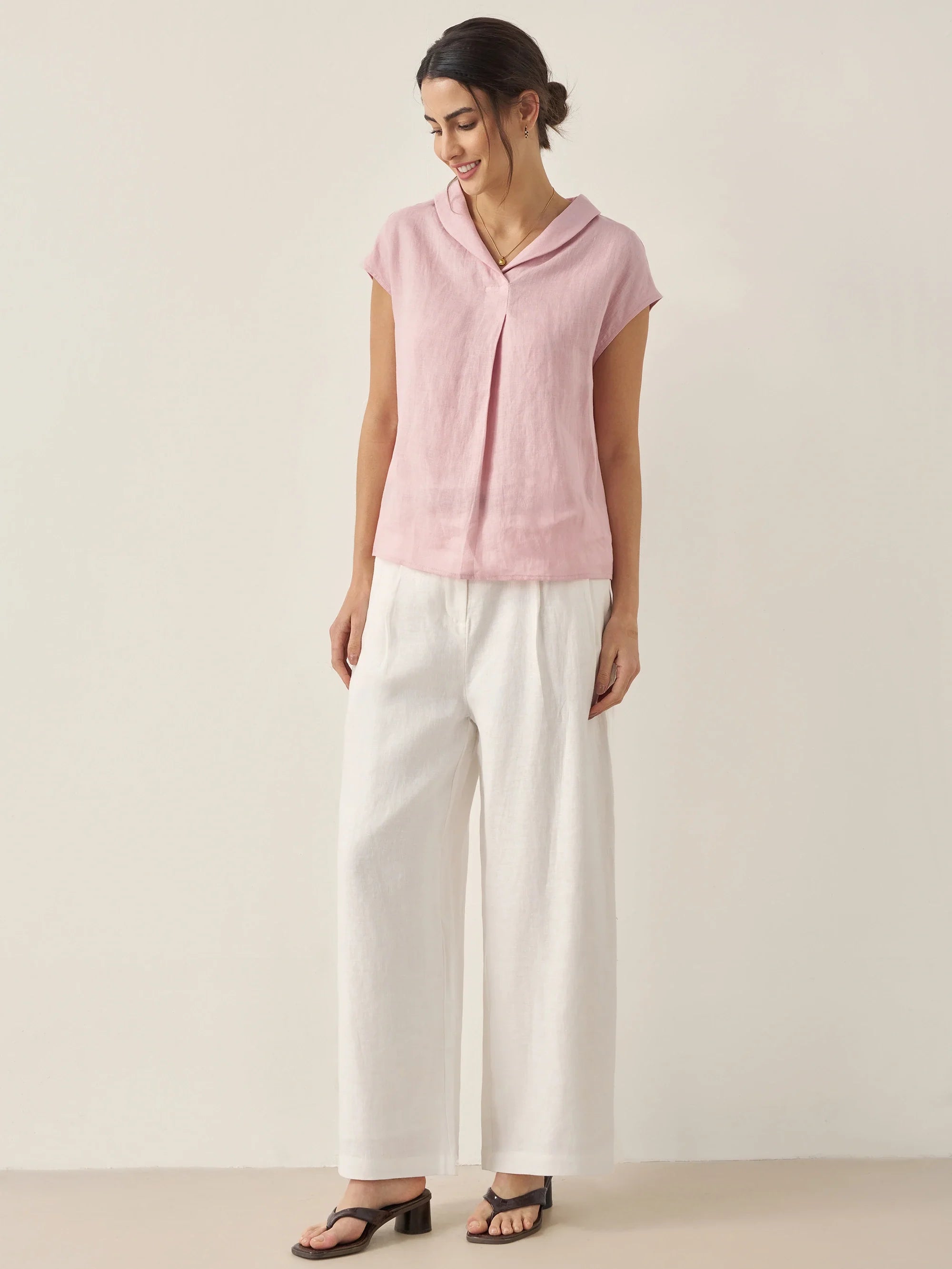 100% Linen Shawl V-Neck Cap Sleeves Top ELARA