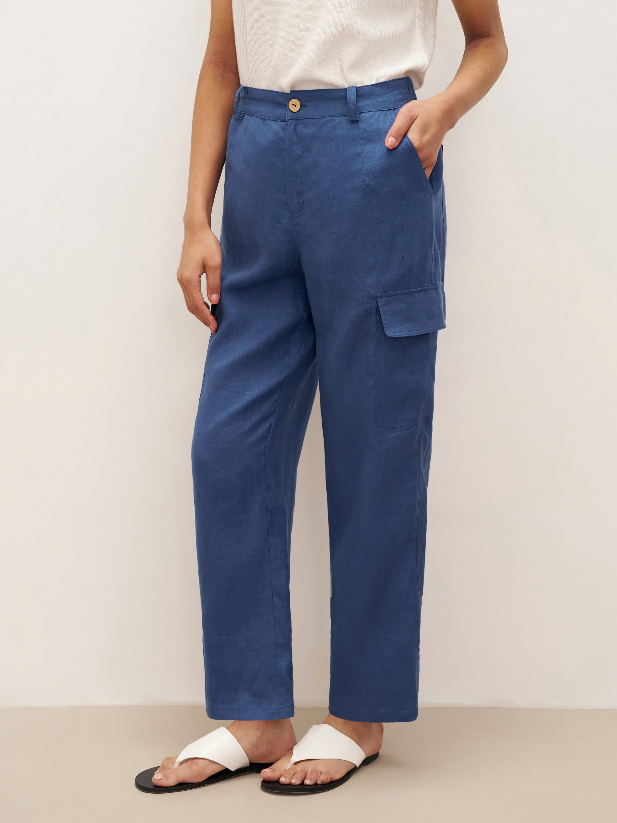 100% Linen Cargo Tapered Trousers with Patch Pockets JESSE