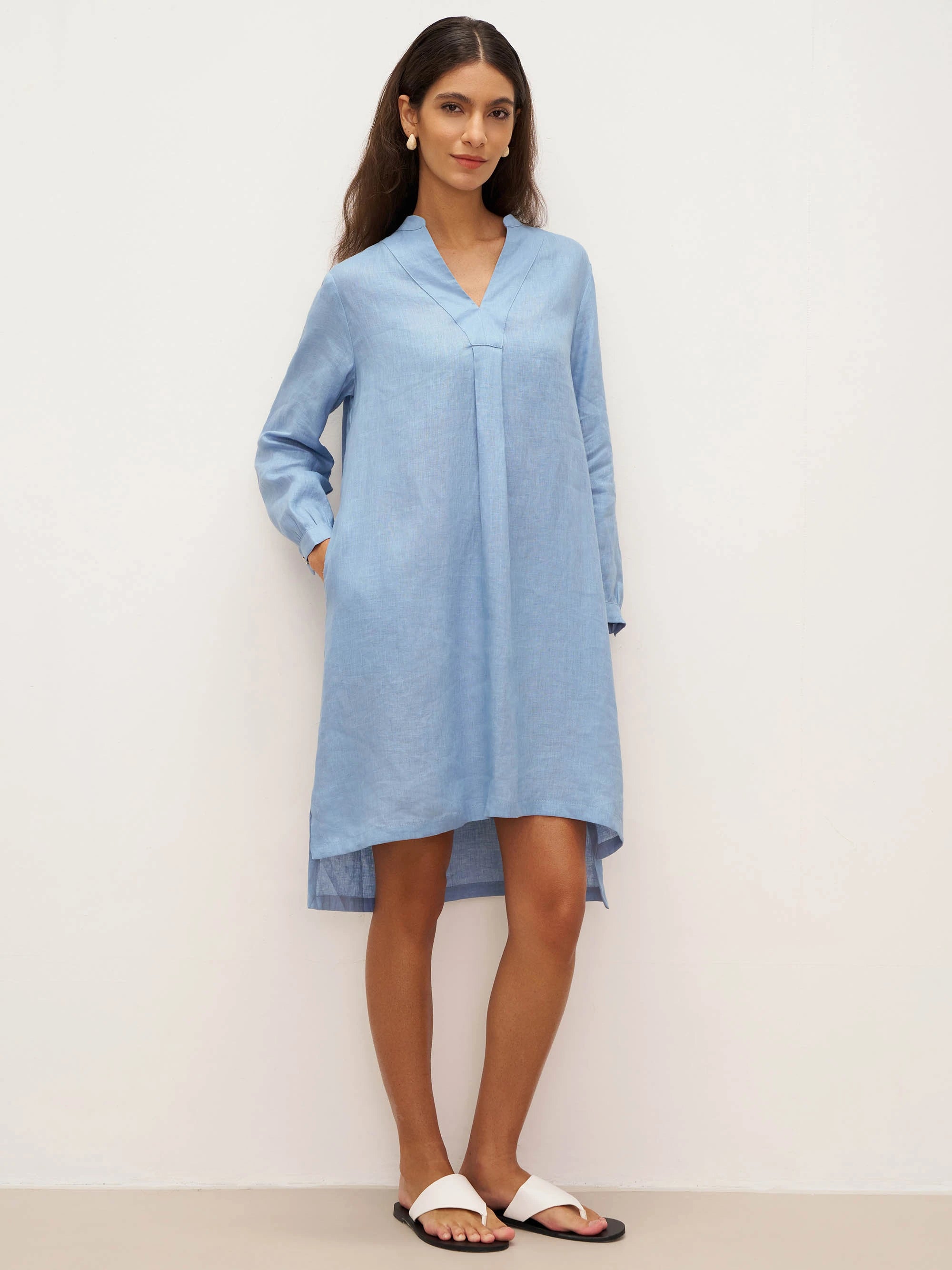100% Linen V-Neck Pullover Shirt Dress JADEN