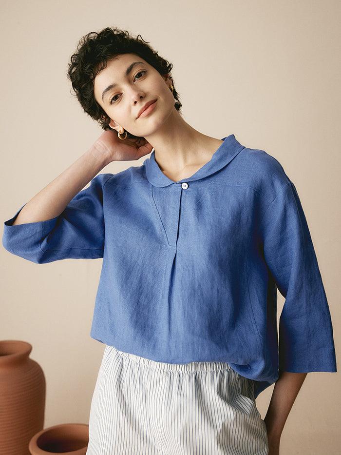 100% Linen Shawl V-Neck Half Sleeve Top JADE