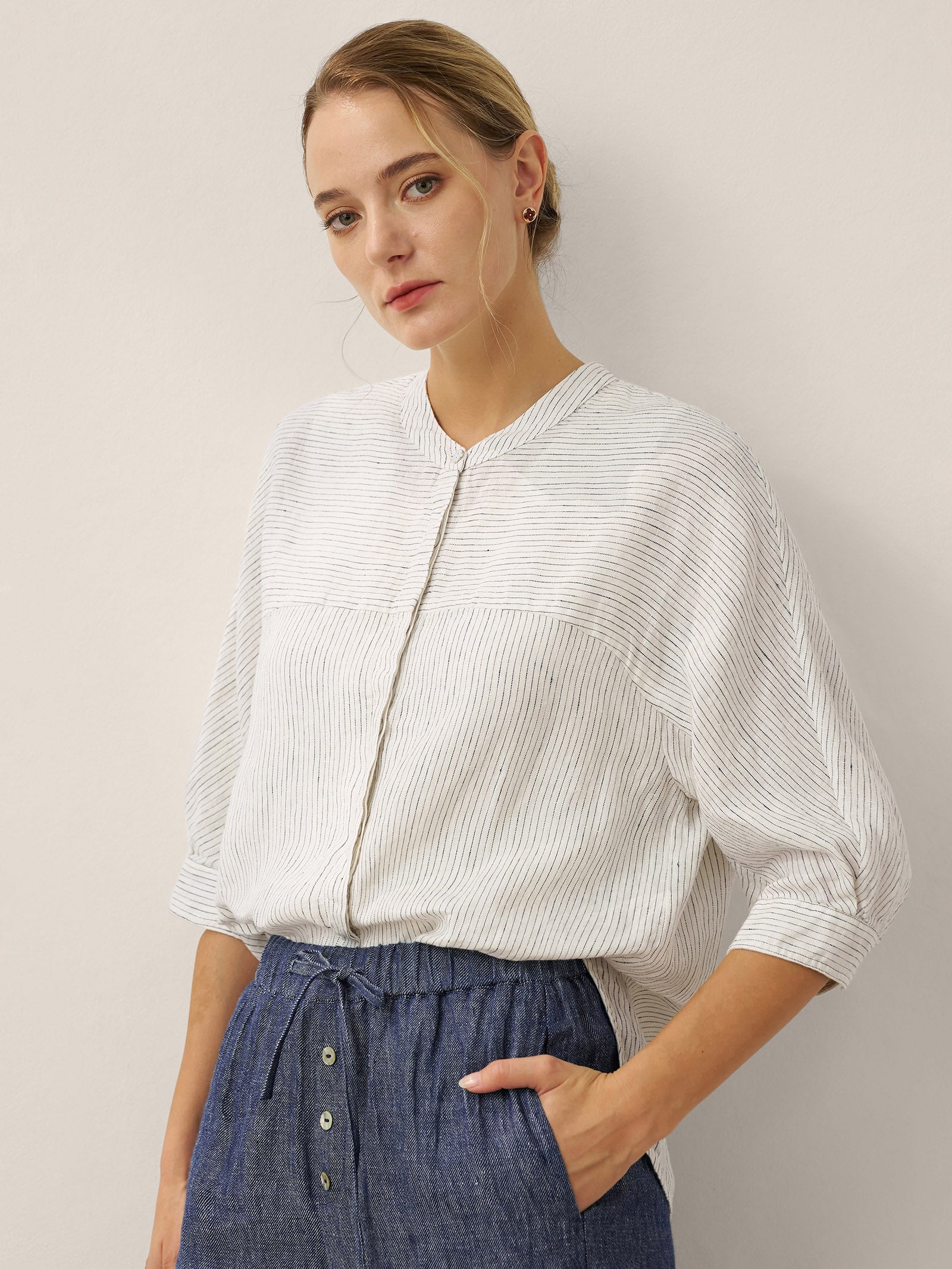 100% Linen Striped Three-Quarter Sleeve Shirt SKYLAR
