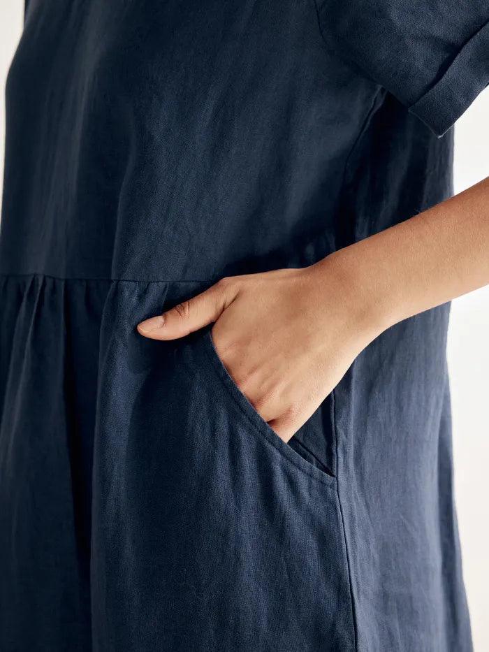 100% Linen V-Neck Waist Ruched Pocket Dress CHARLOTTE