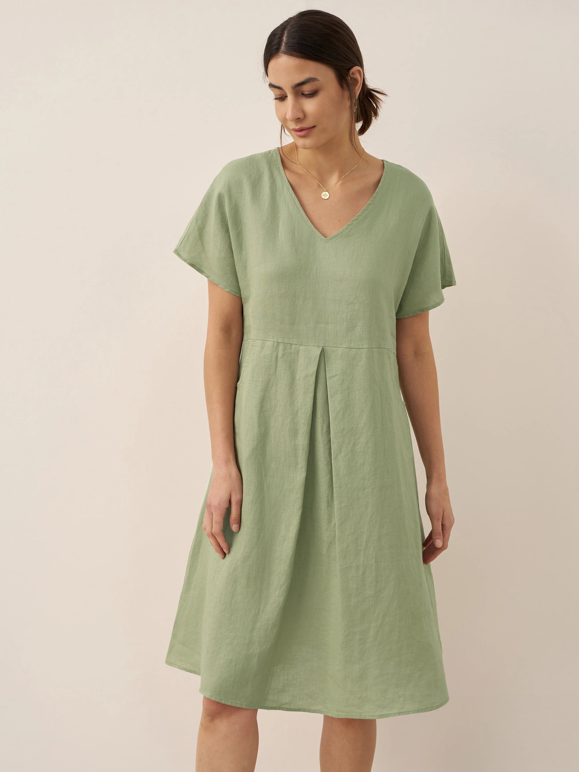 100% Linen V-Neck Pockets Swing Dress AINSLEY