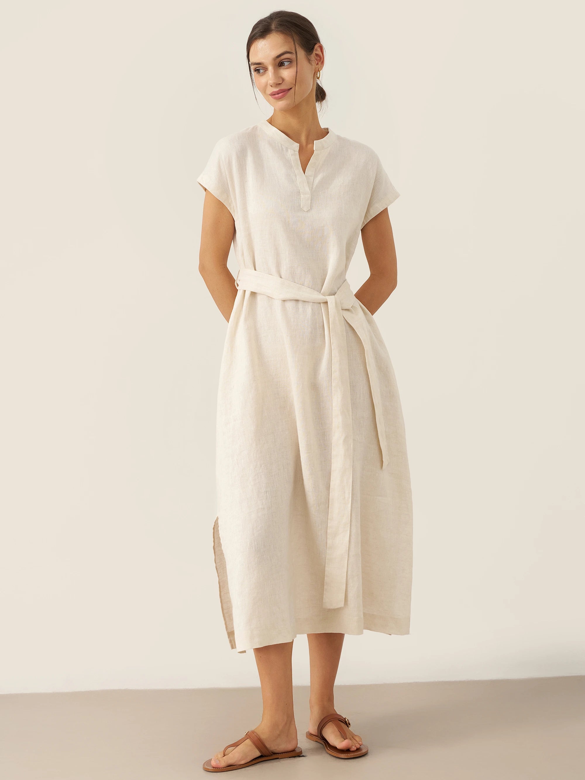 100% Linen Mandarin Collar Maxi Dress with Detachable Belt MARGARET