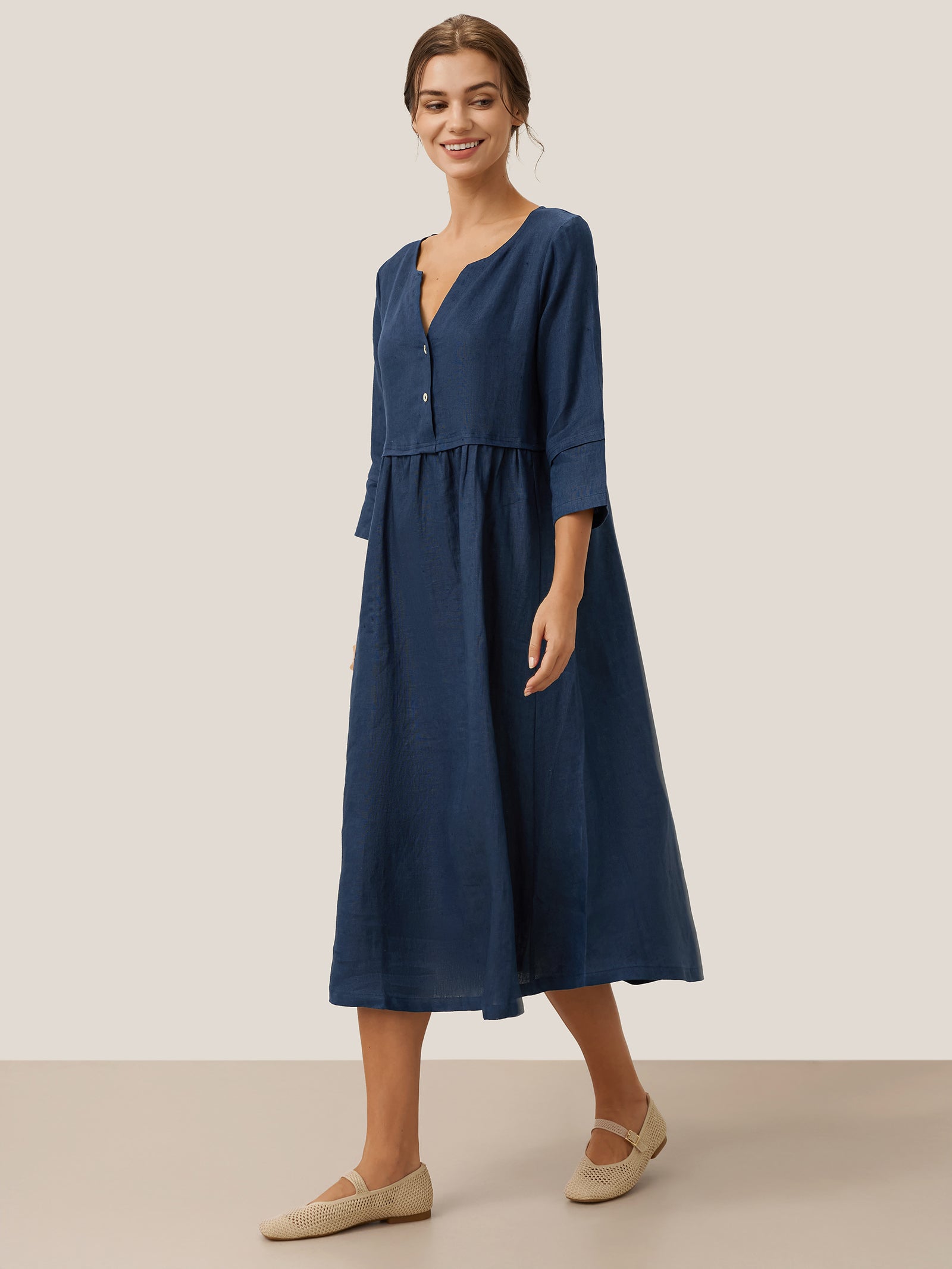 100% Linen Loose Fit Button Waist Gathered Maxi Dress LUNA