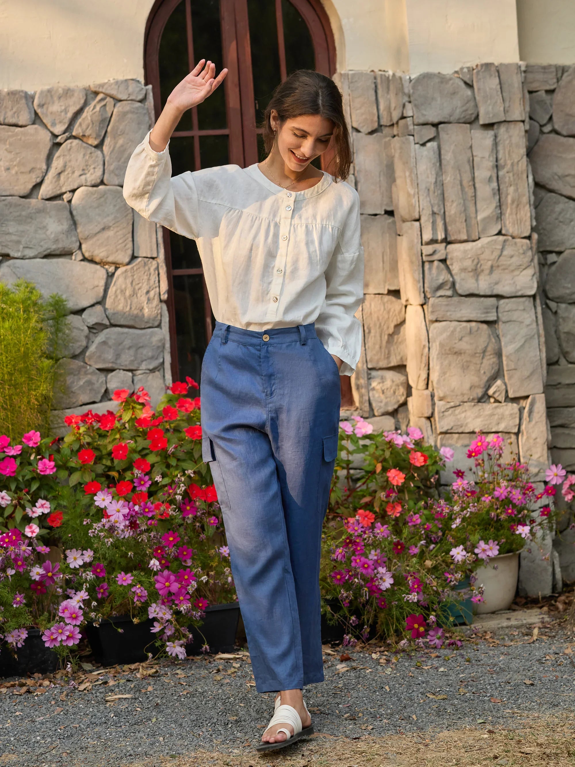 100% Linen Cargo Tapered Trousers with Patch Pockets JESSE