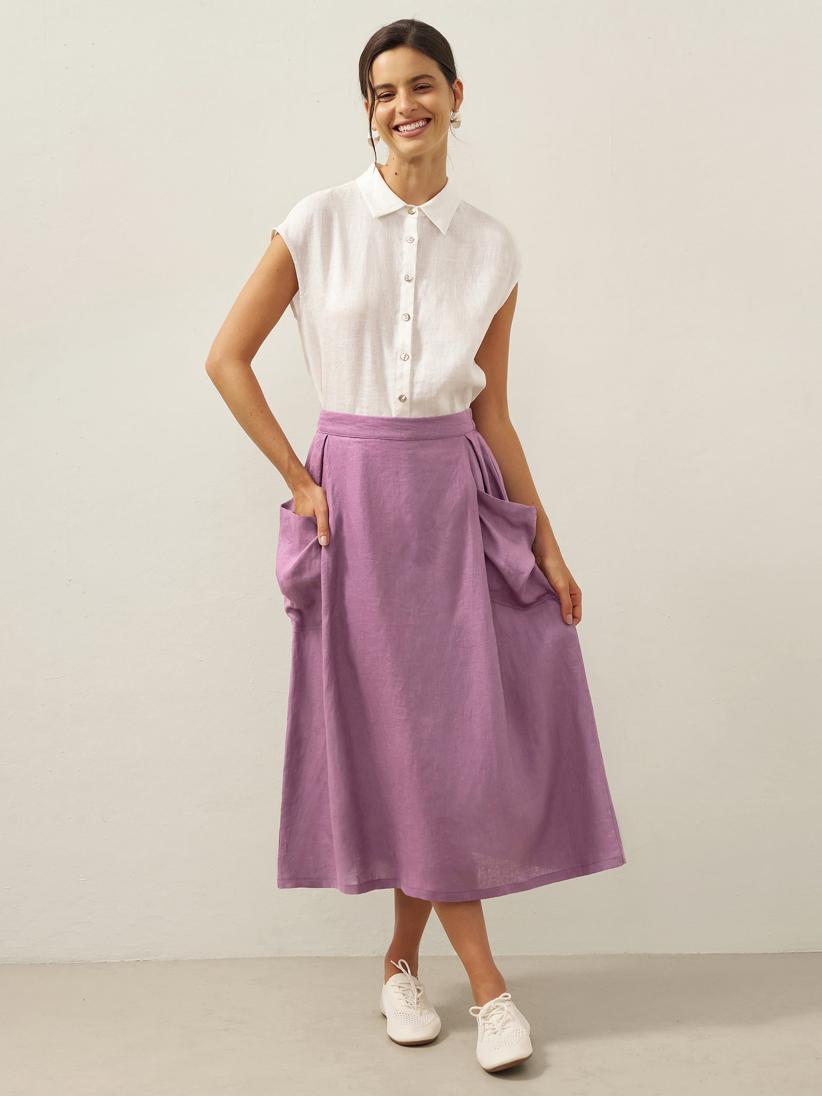 100% Linen Elastic Waist Skirt MARINA