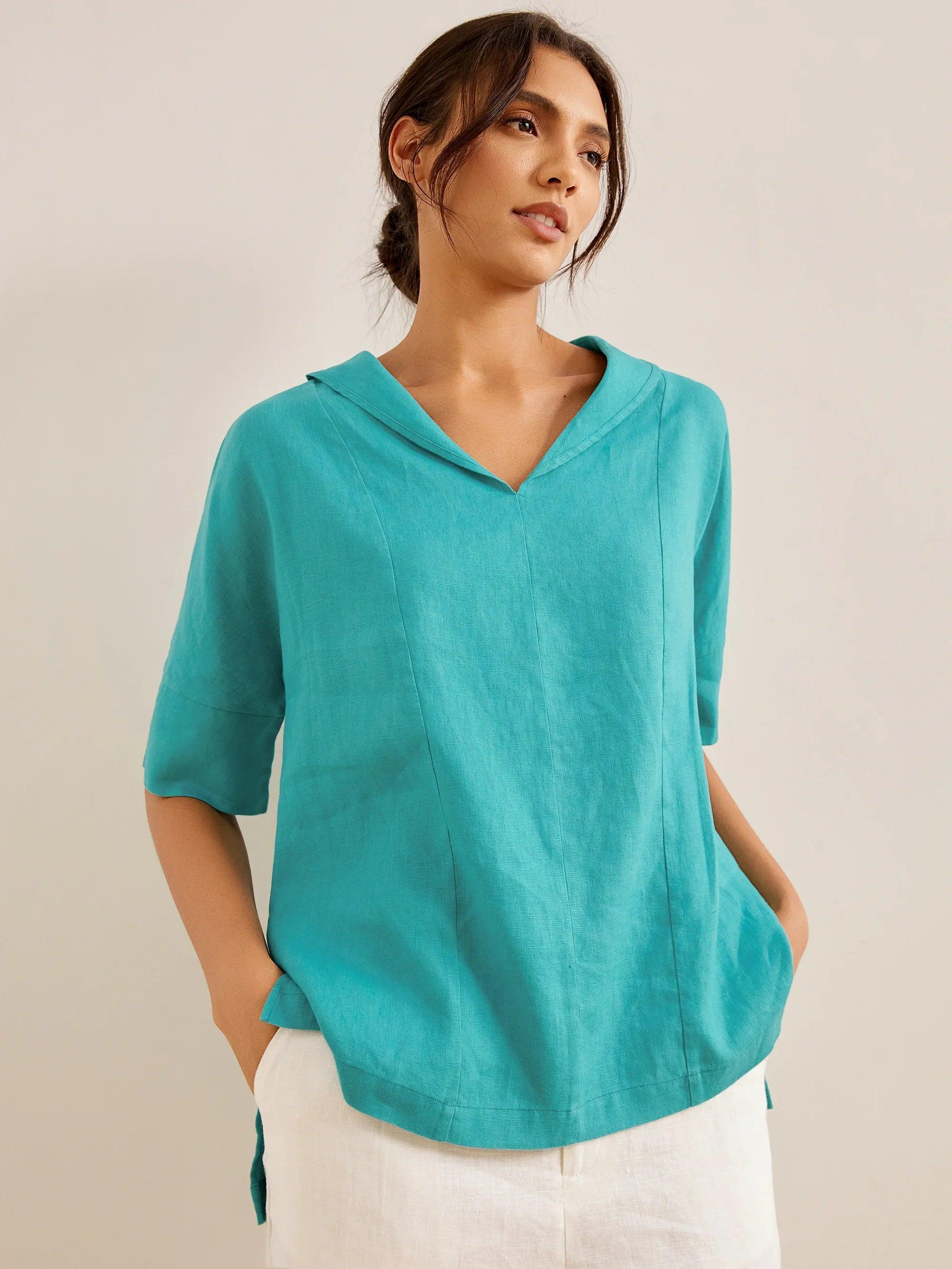 100% Linen V-Neck Short Sleeve Shirt SIERRA