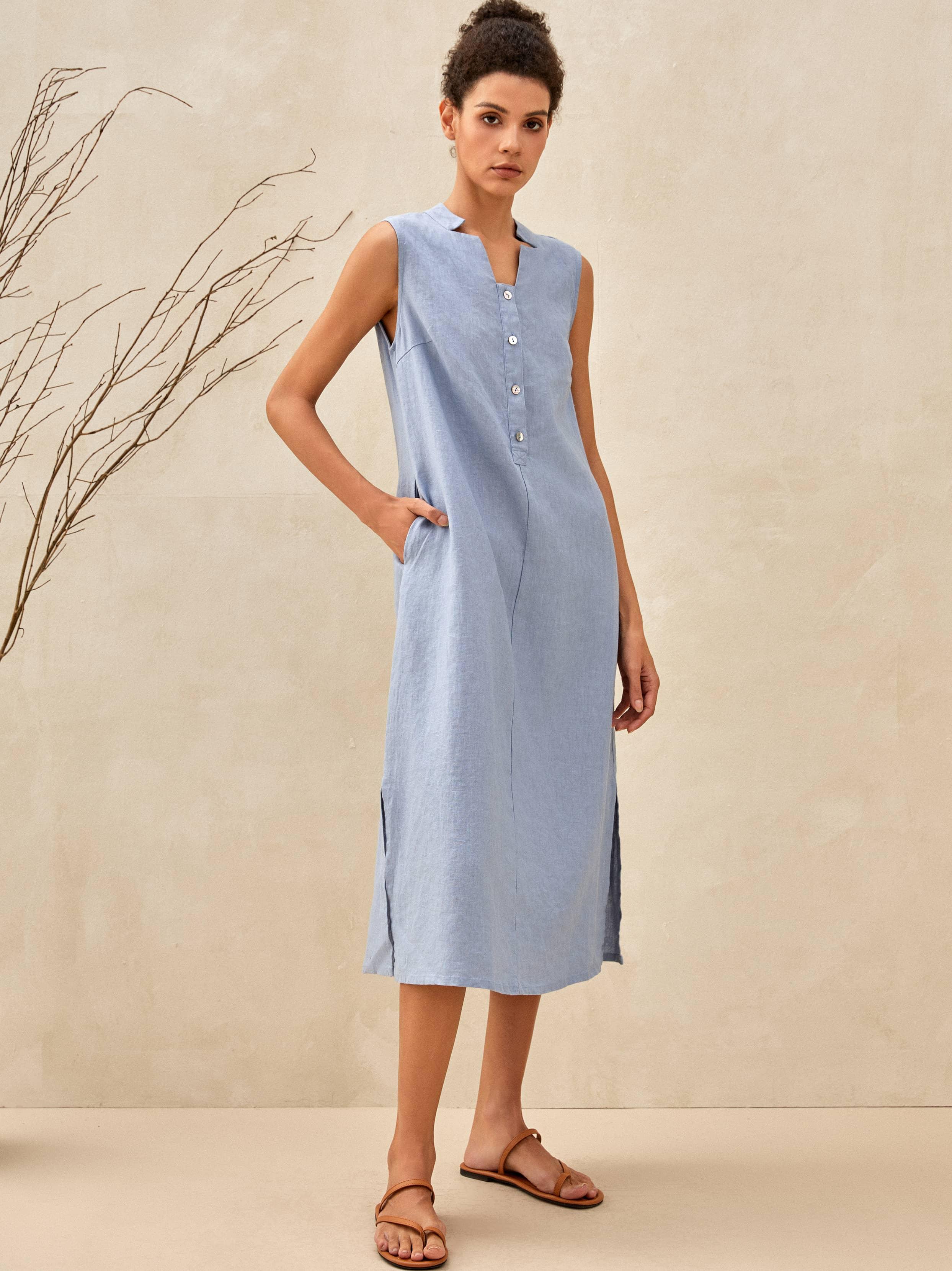 100% Linen Sleeveless Straight High Slit Maxi Dress TAYLOR