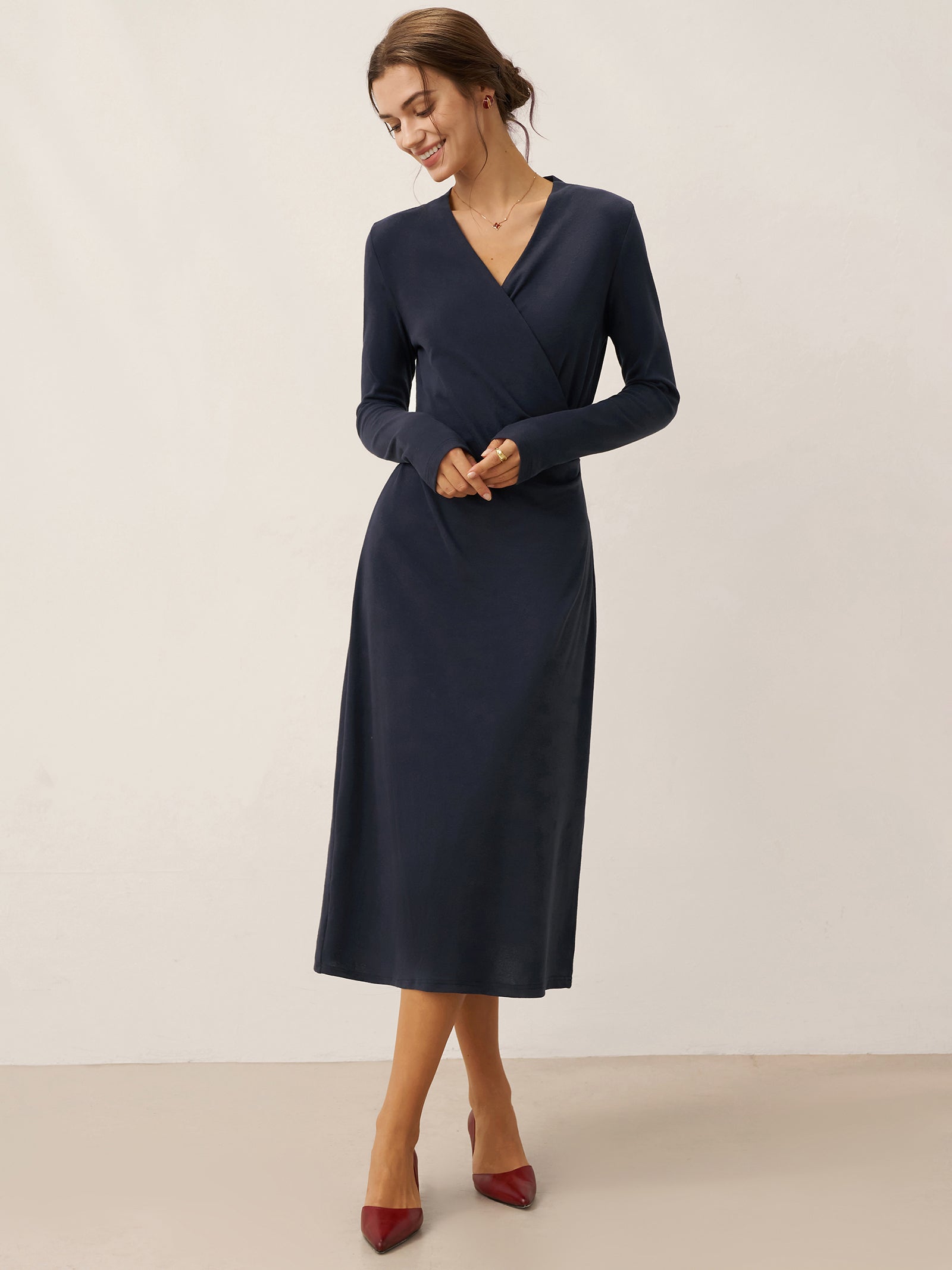 Linen Crossover V-Neck Wrap Stretch Midi Dress MARNIE