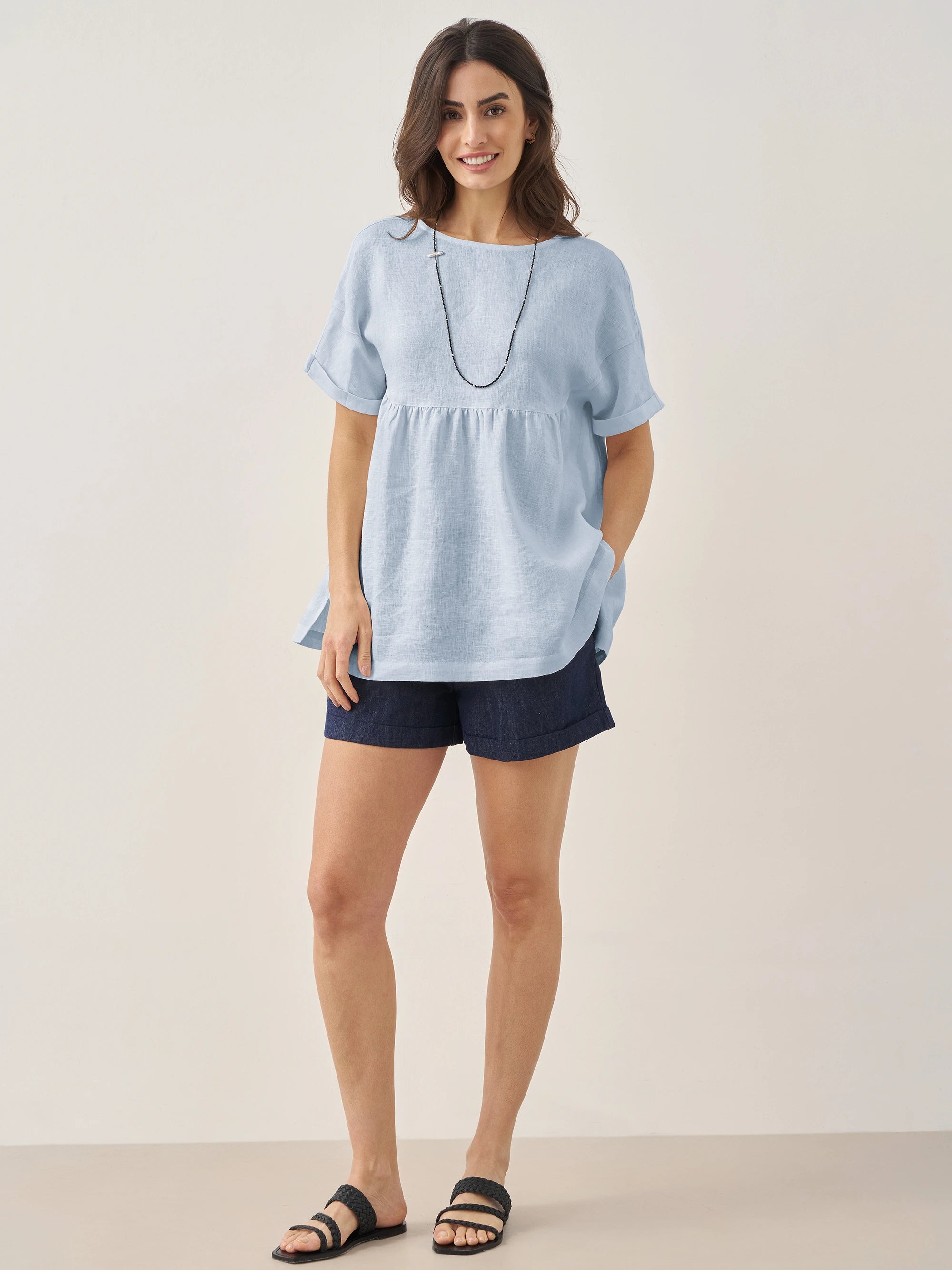 100% Linen Round Neck Pleated Pullover Top QUINLAN