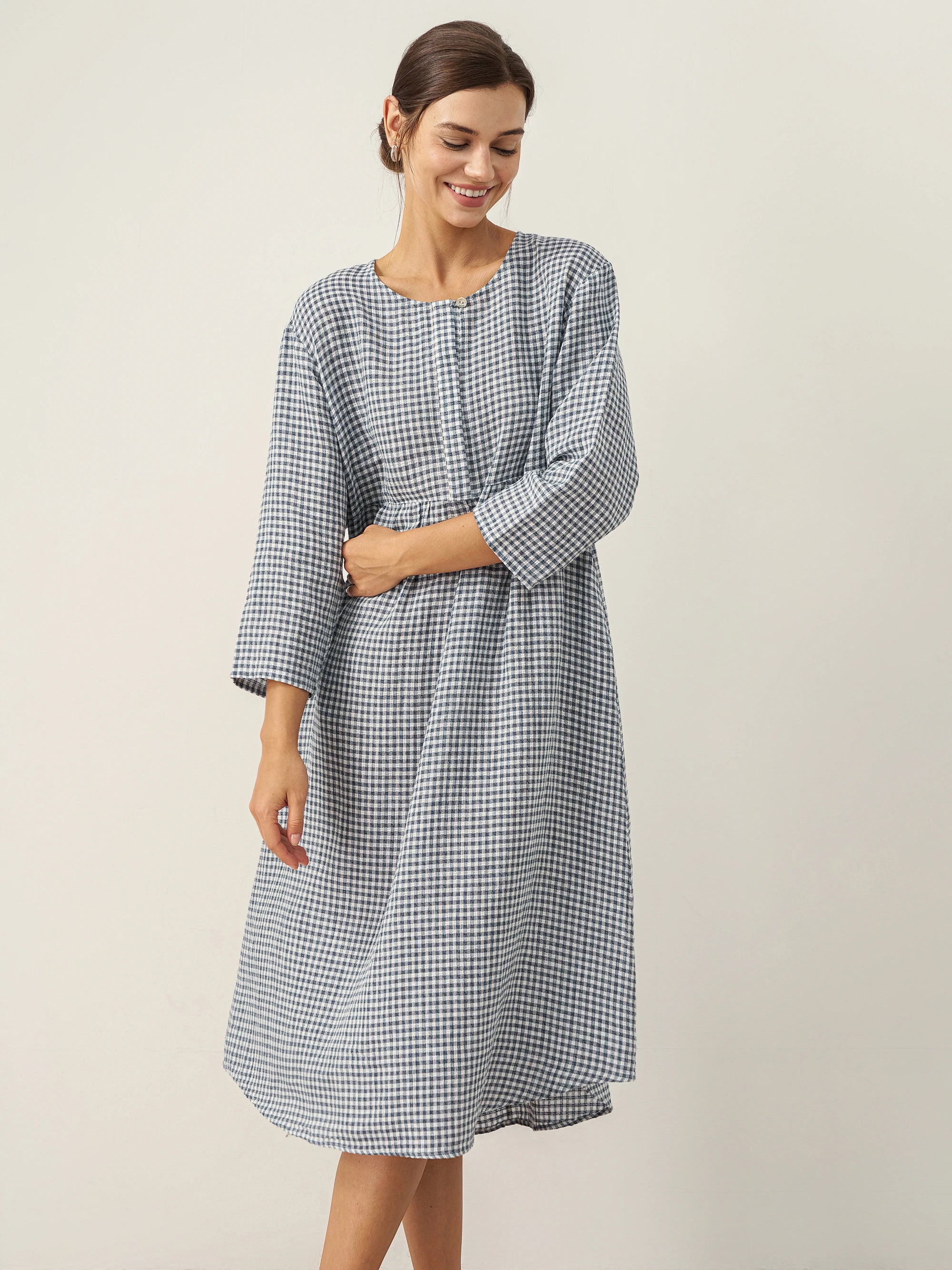 Linen Check Long Sleeve Midi Dress FIRTH
