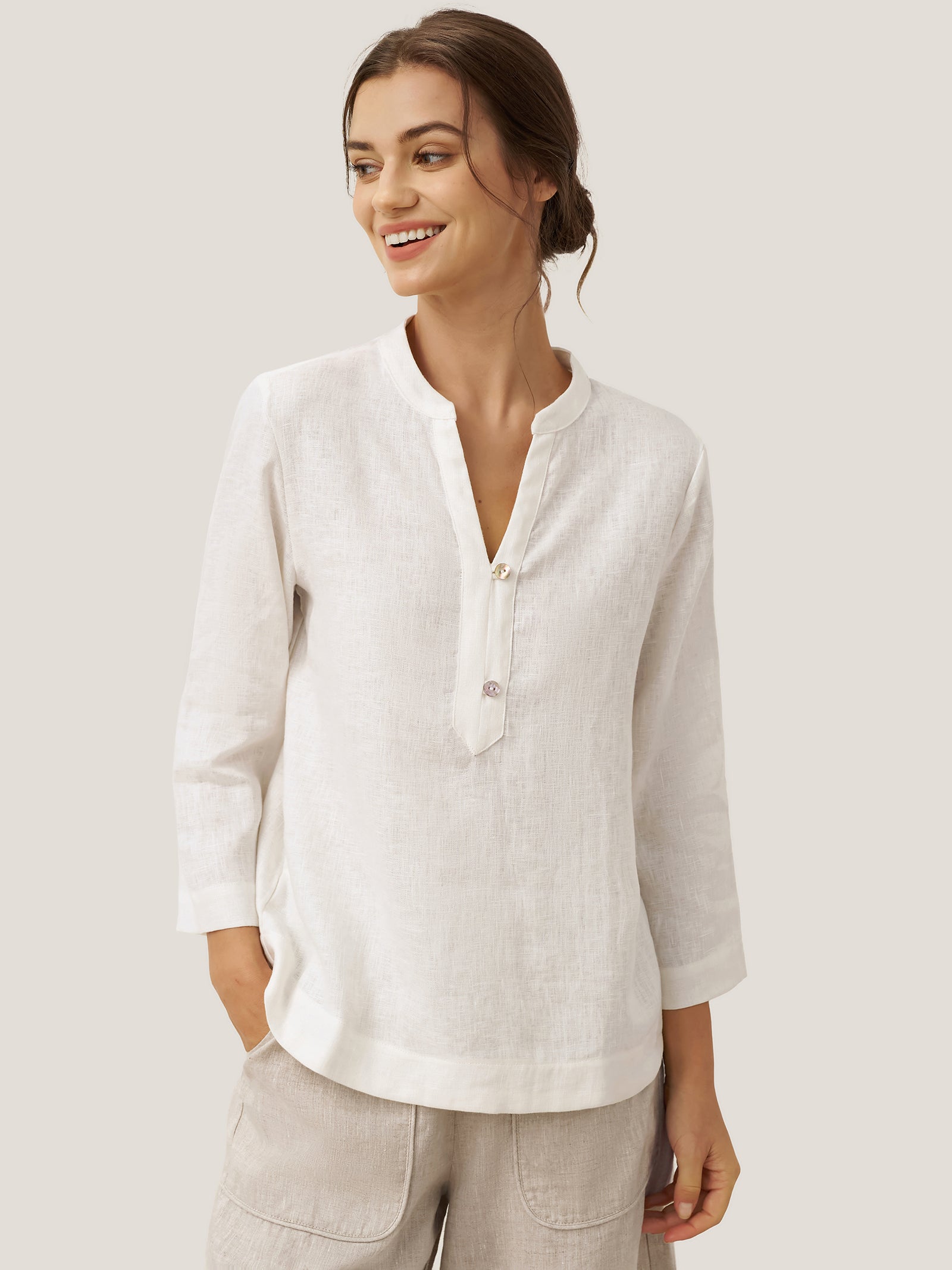 100% Linen Deep V-Neck Pullover with Button-Trim JOLYNE