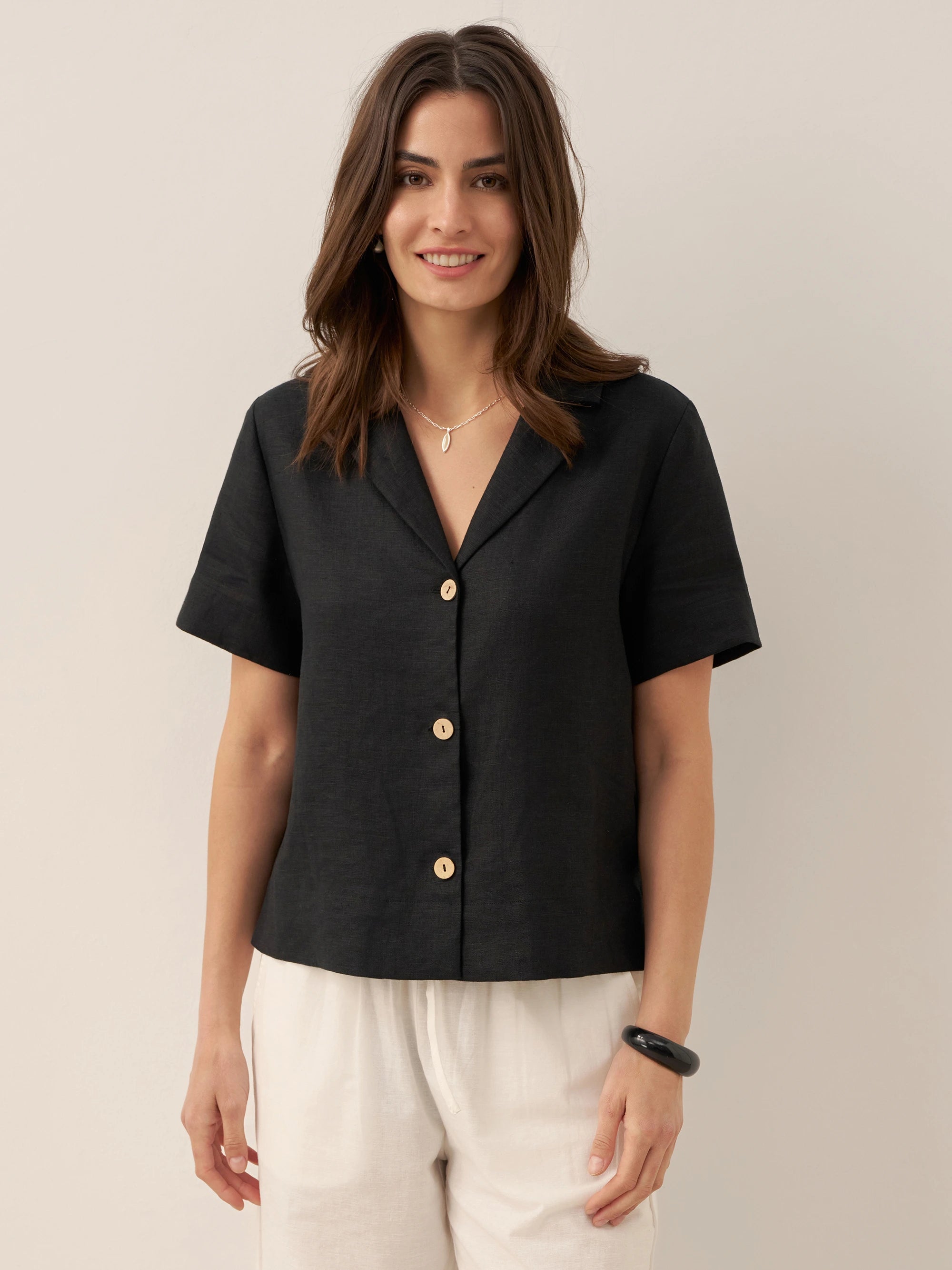 100% Linen Button-Up Short Sleeve Shirt ORENDA