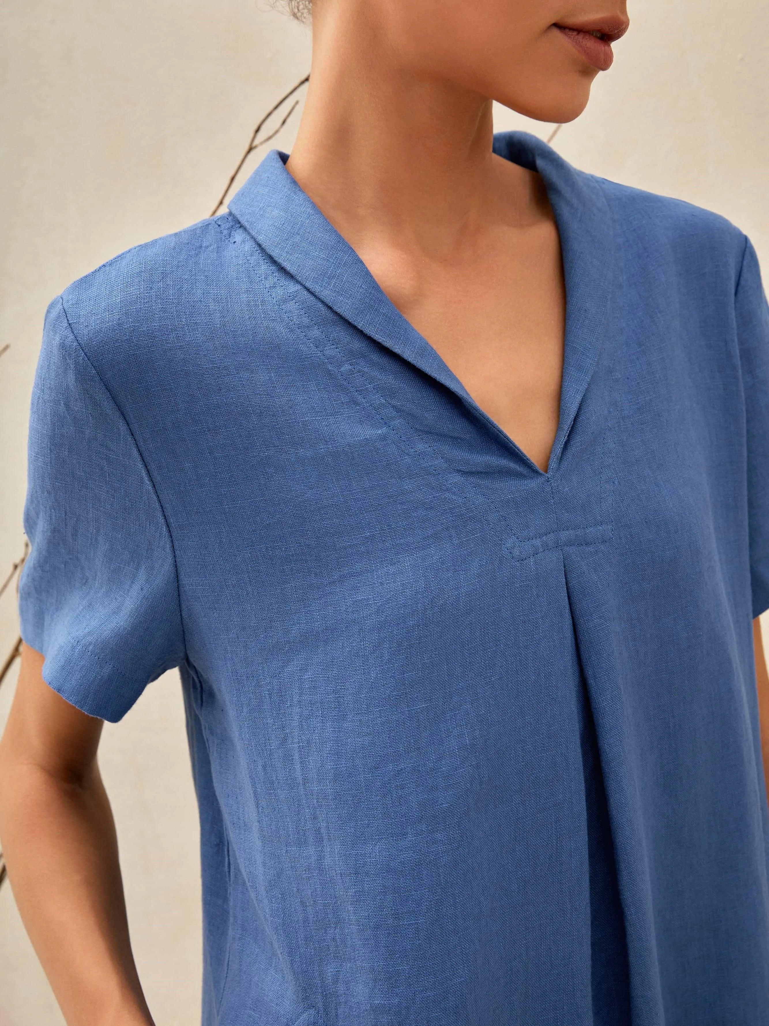 100% Linen Shawl V-Neck Midi Dress CLEO