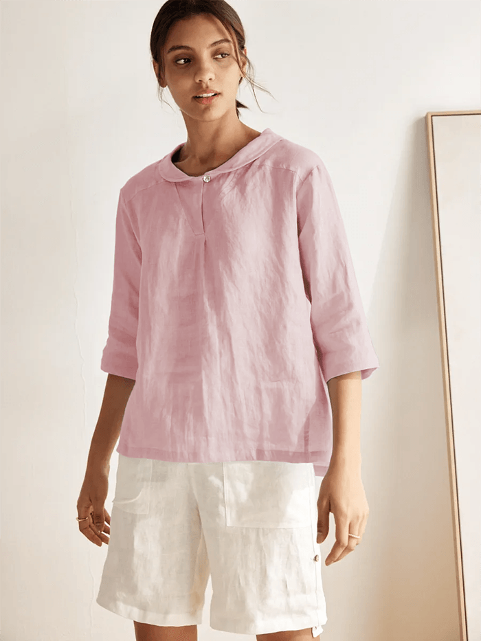 100% Linen Shawl V-Neck Half Sleeve Top JADE