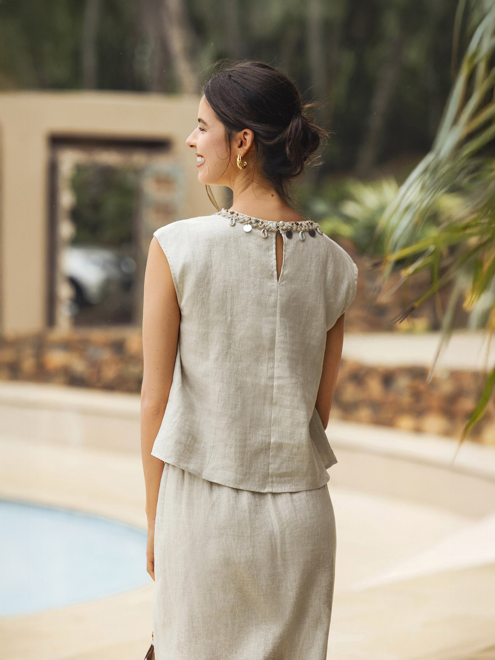 100% Linen Cap Sleeve Beaded Top BIANCA