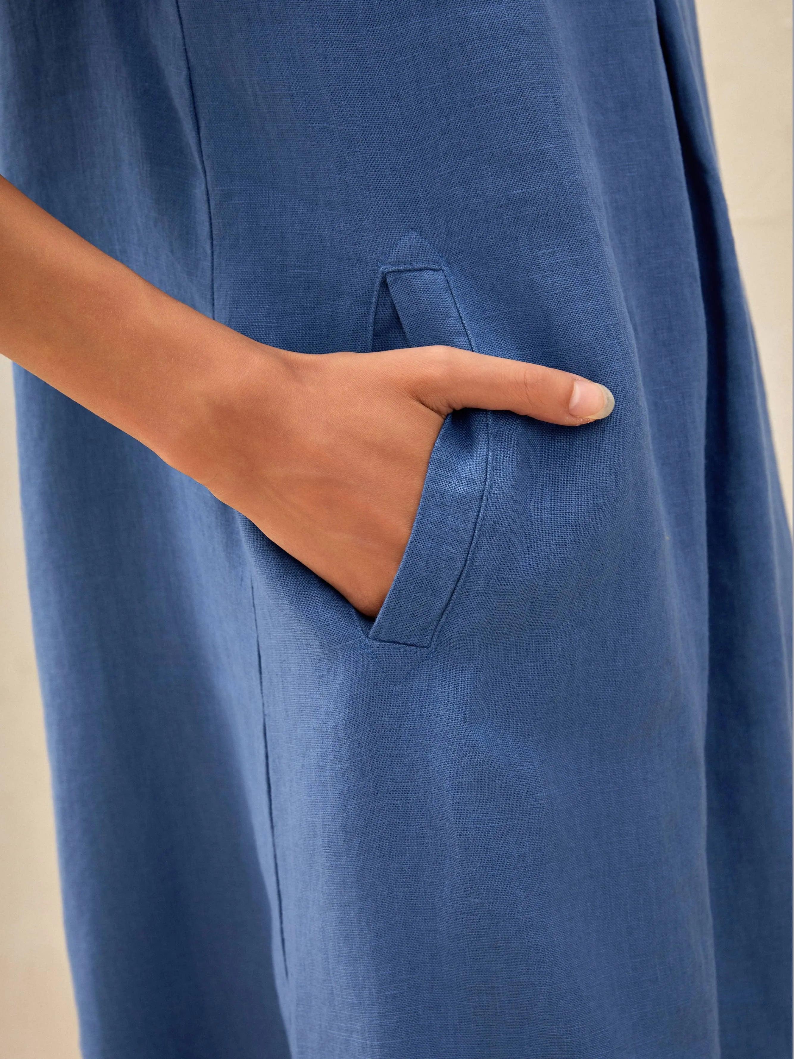 100% Linen Shawl V-Neck Midi Dress CLEO