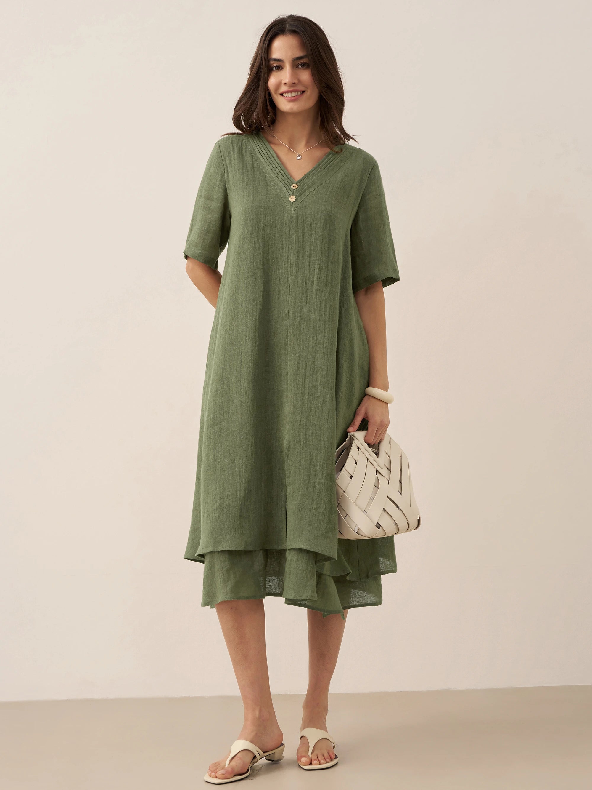 100% Linen V-Neck Double-Layer Midi Dress JAYDA