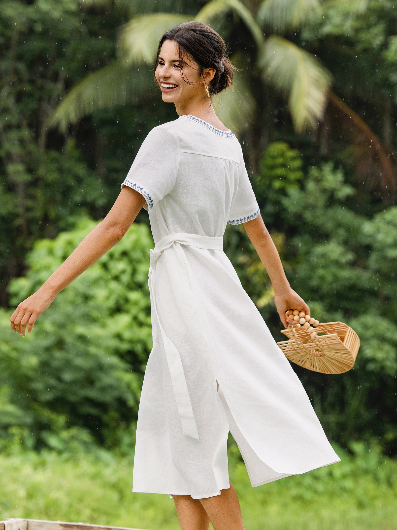 100% Linen Embroidered V-Neck Midi Dress with Belt FELLIS