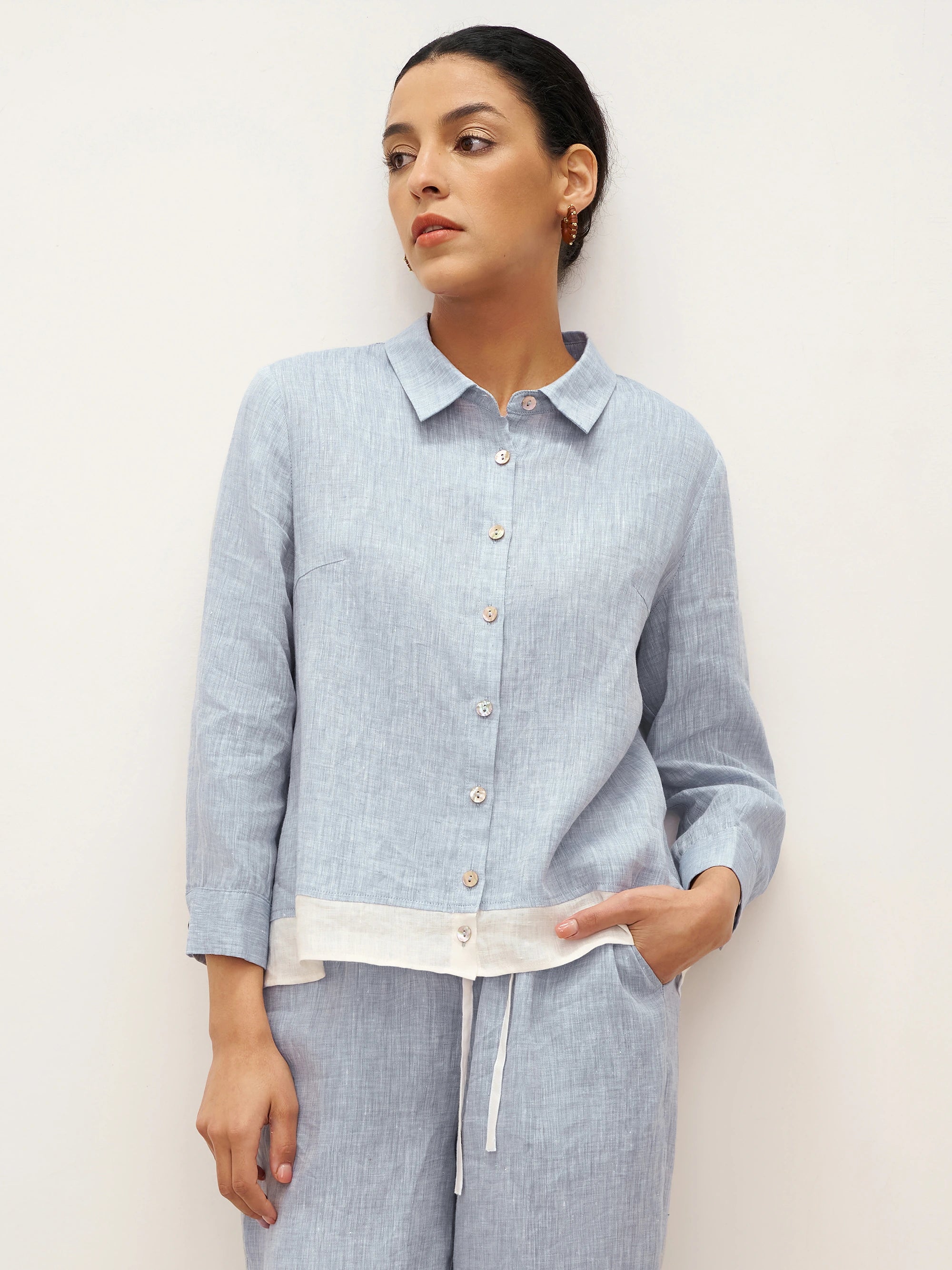 100% Linen Buttoned Closure Color-Blocked Shirt JANICE