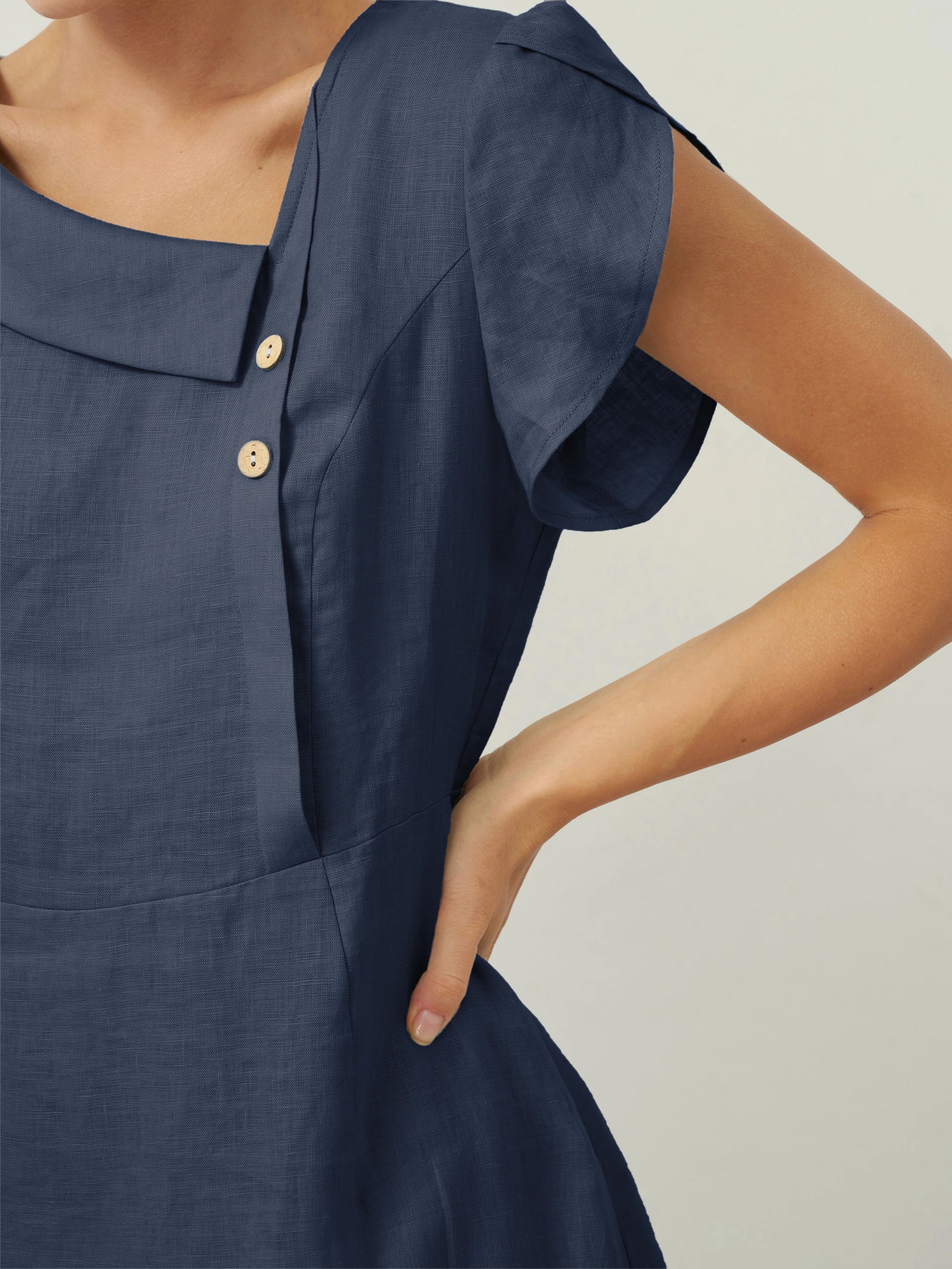 100% Linen Crescent Collar Flutter Sleeve Midi Dress FIONA