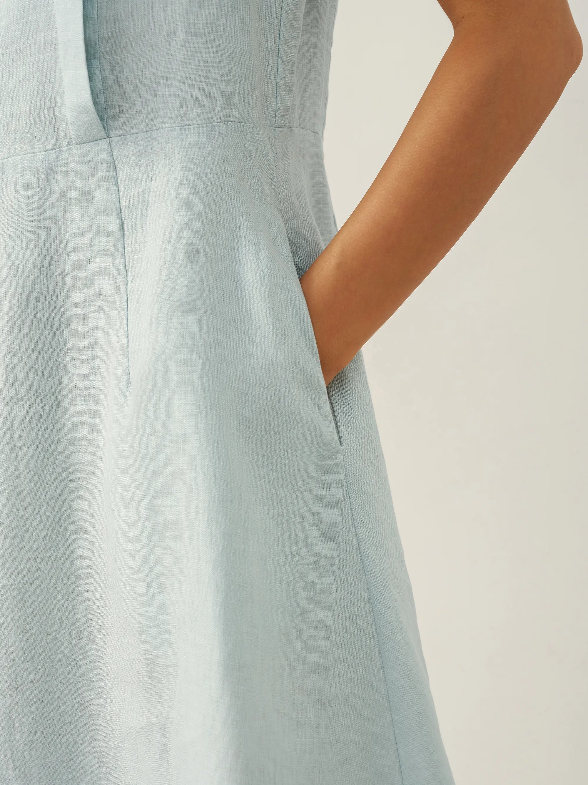 100% Linen Crescent Collar Flutter Sleeve Midi Dress FIONA