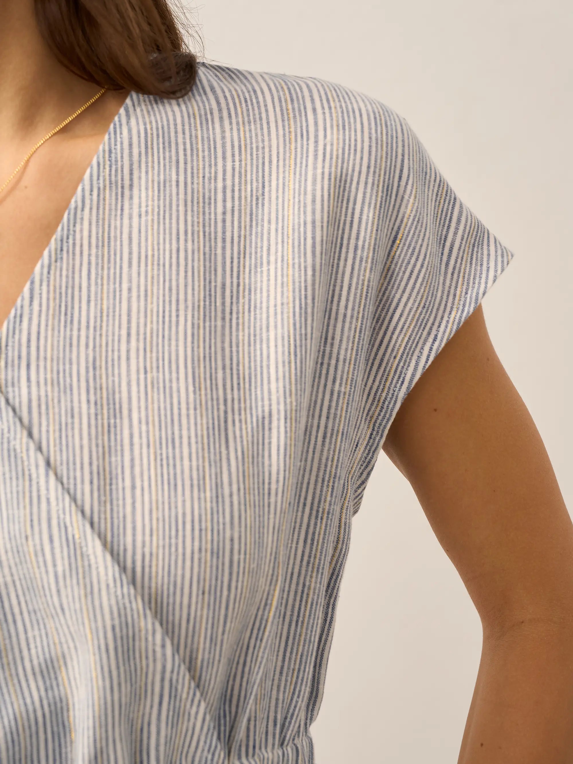 100% Linen Striped Elastic-Waist Midi Dress ARIA