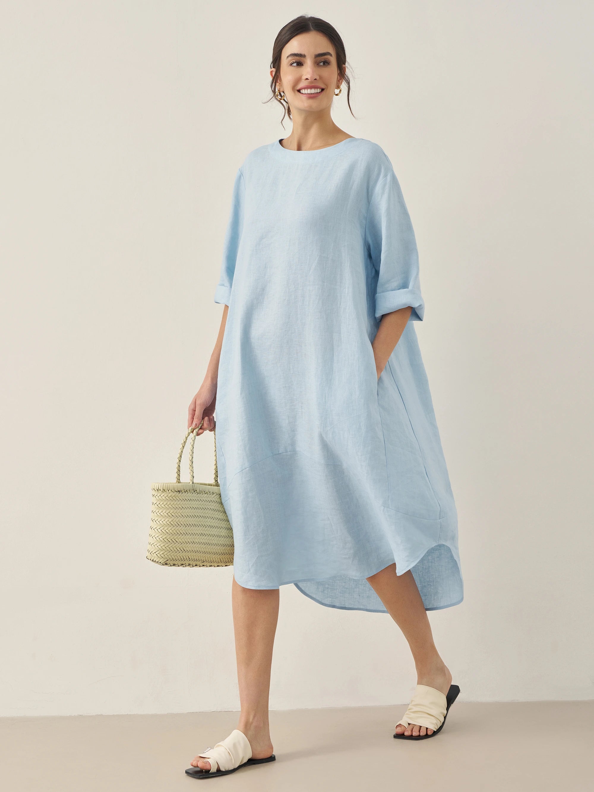 100% Linen Bateau Neck Midi Dress BROOKE