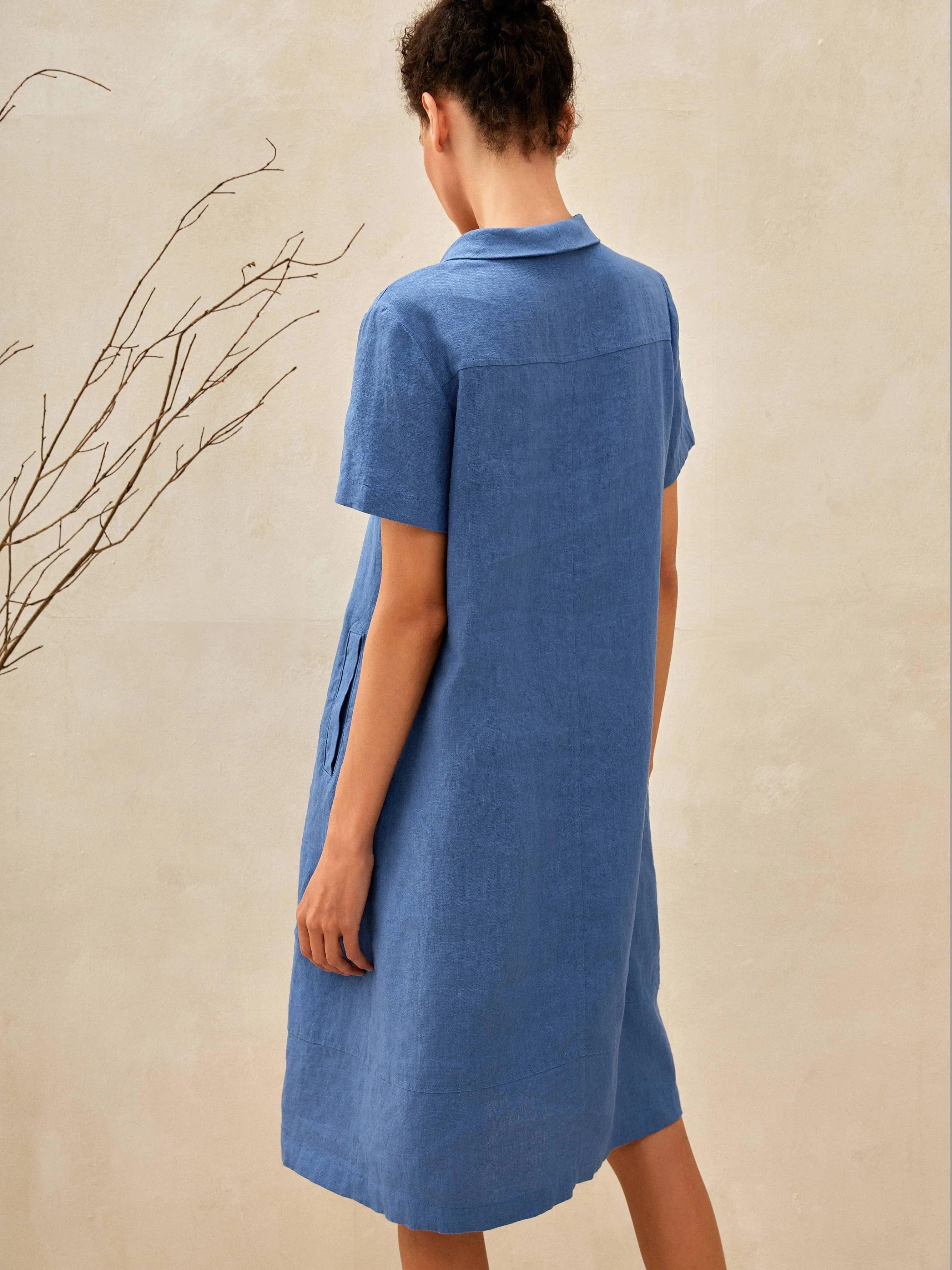 100% Linen Shawl V-Neck Midi Dress CLEO