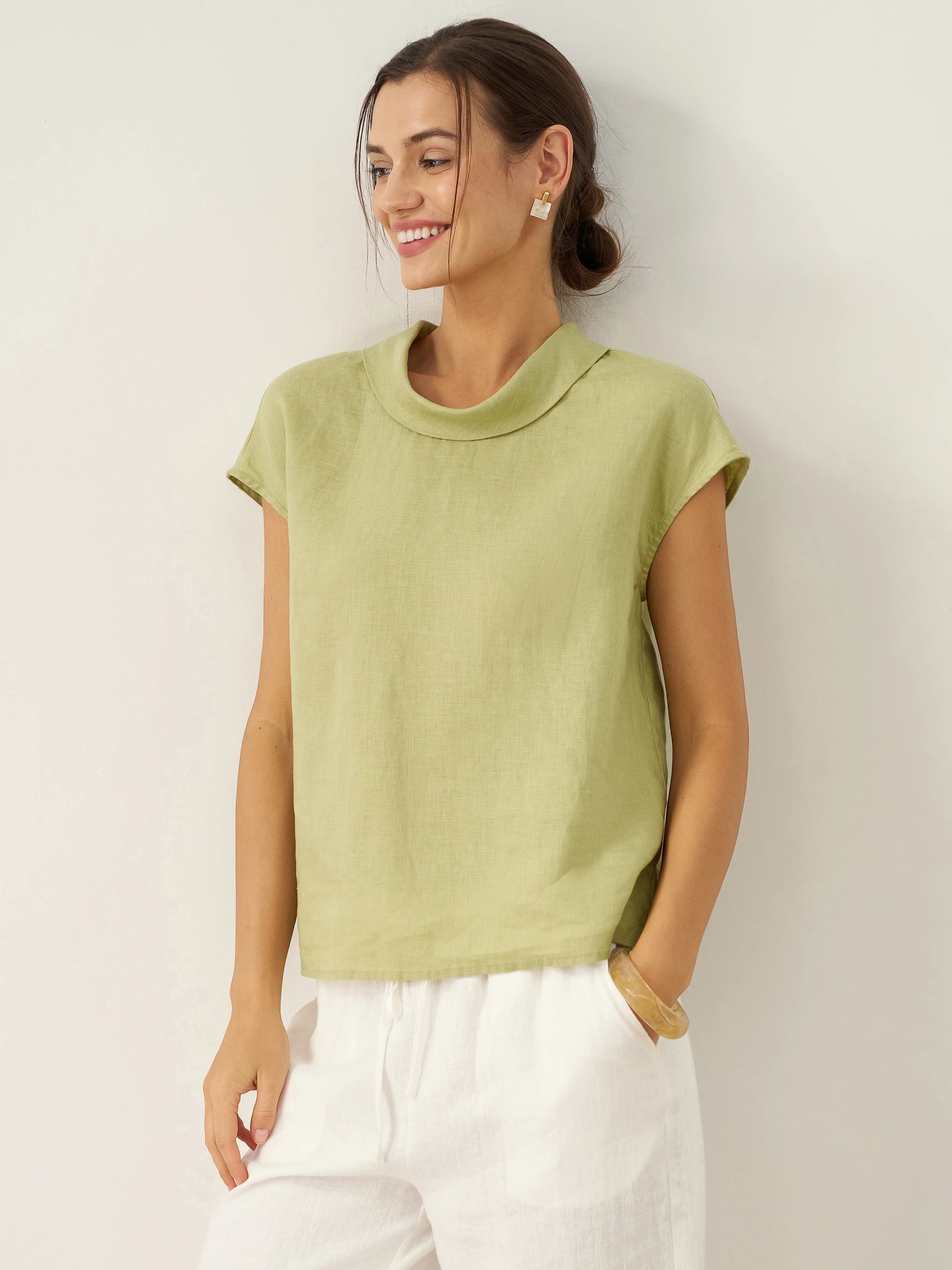 100% Linen Cap Sleeve Soft-Fold Collar Top YVONNE