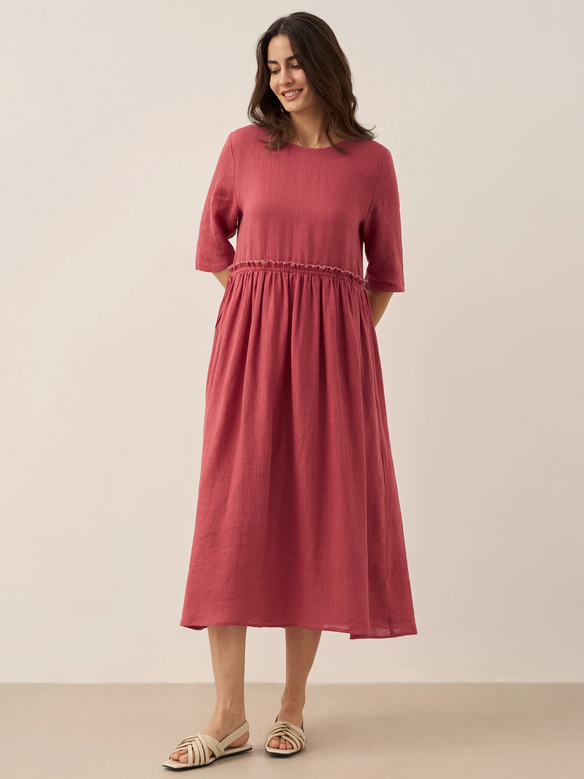 100% Linen Petal-Waist Drawstring Midi Dress JASMINE