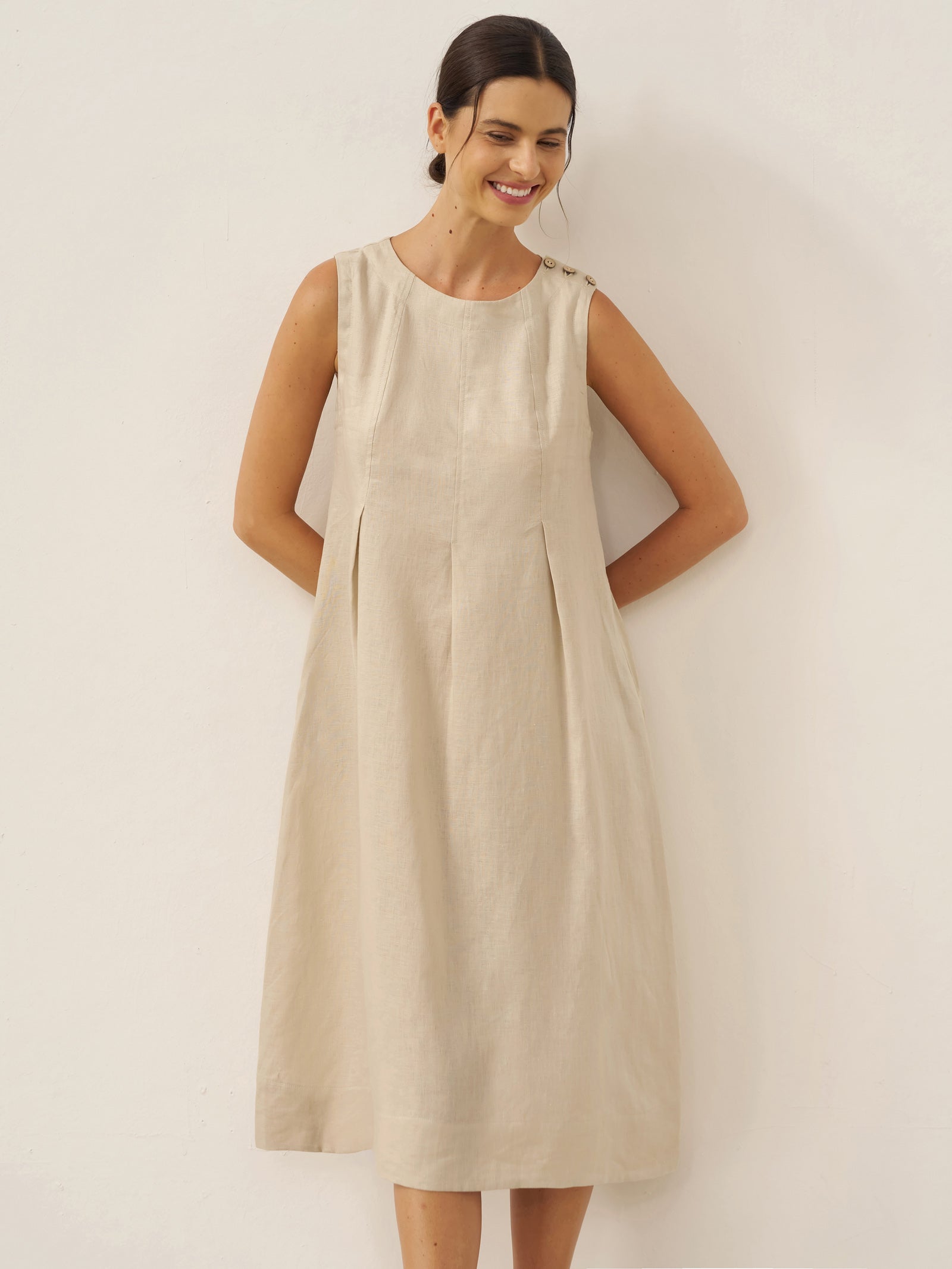 100% Linen Sleeveless Shoulder Button Midi Dress FREYA