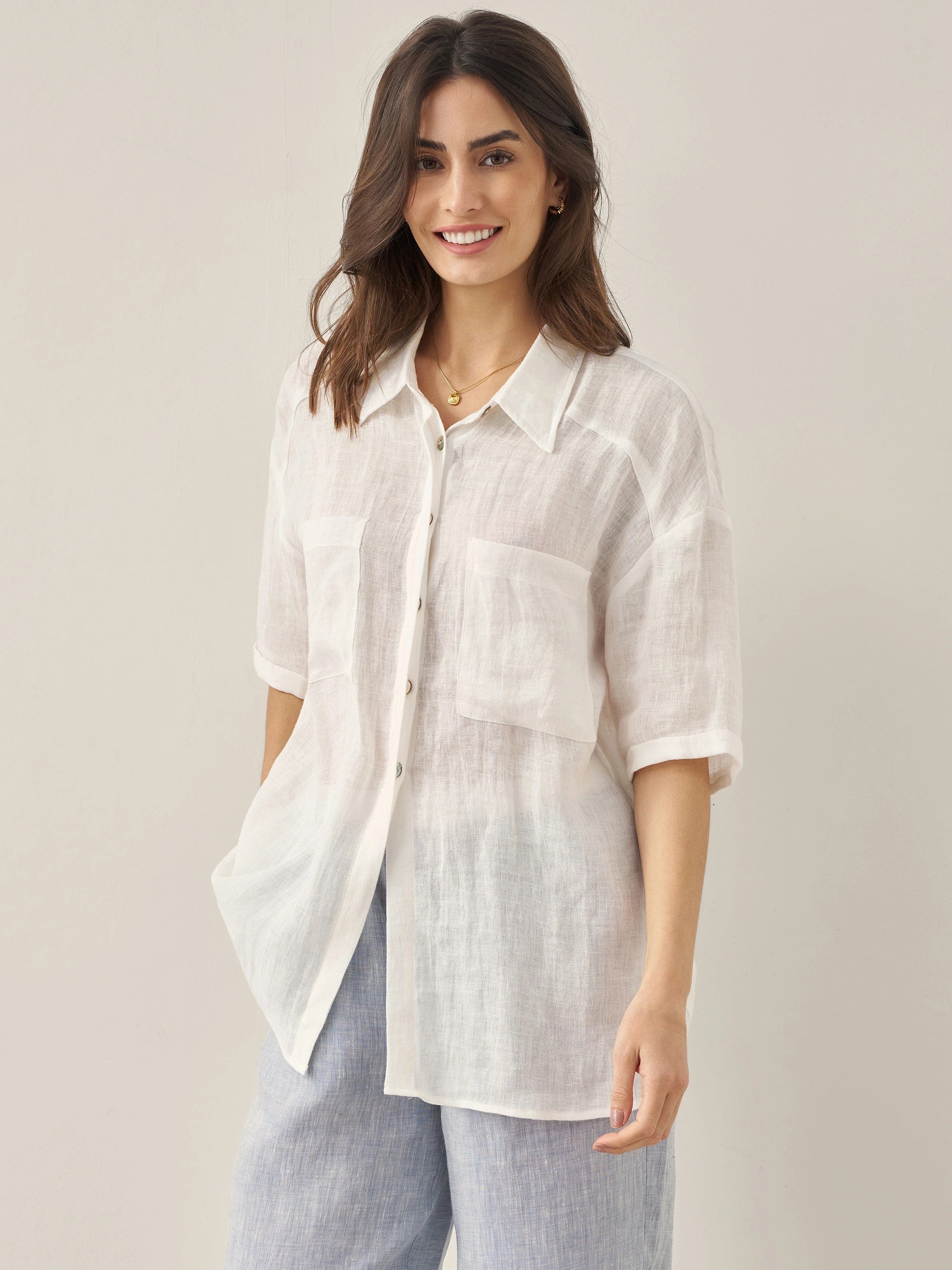 100% Linen Pocket Detail Button-Front Shirt CLARA