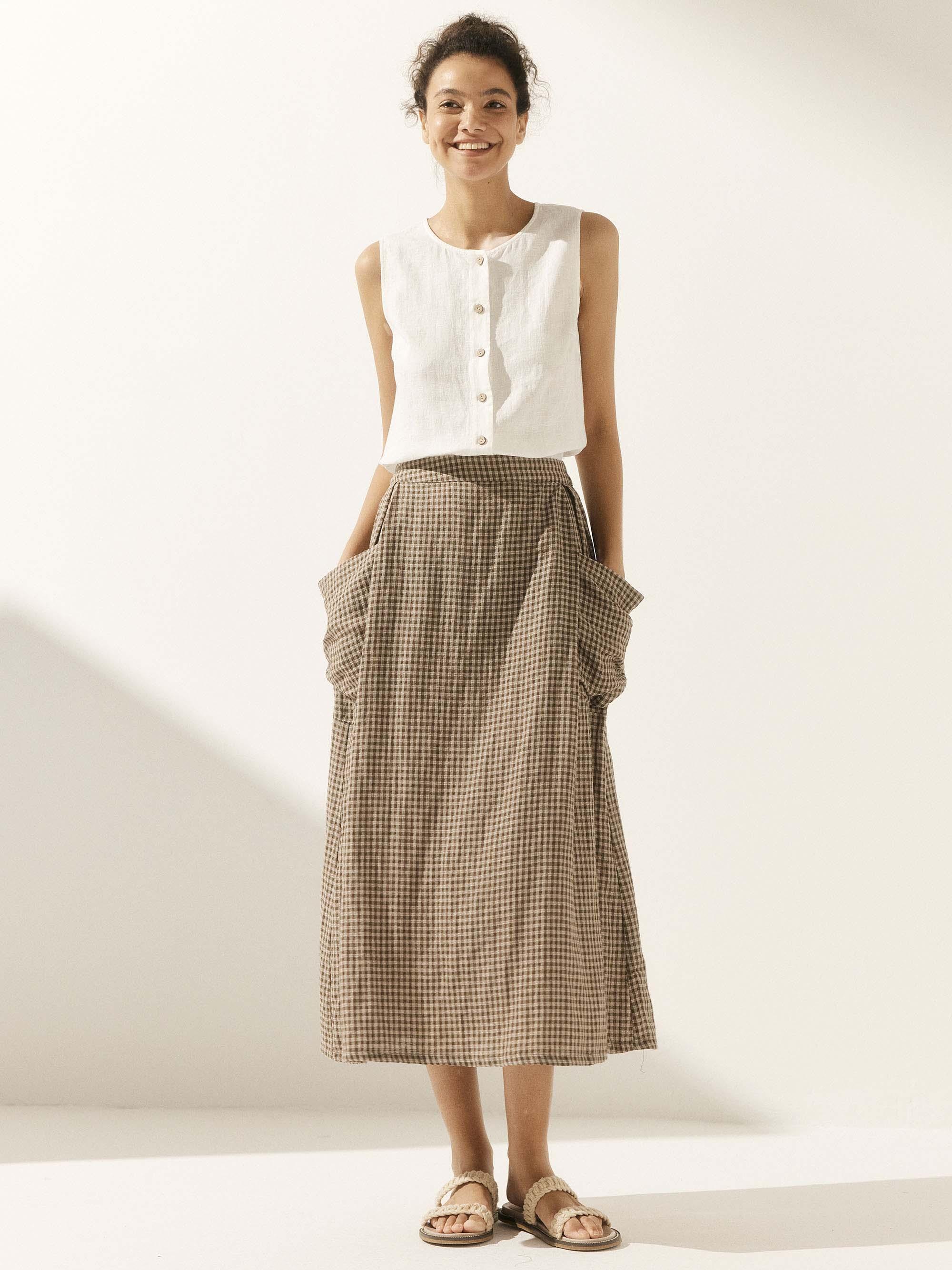 Linen Checked Elastic Waist Skirt ONYX