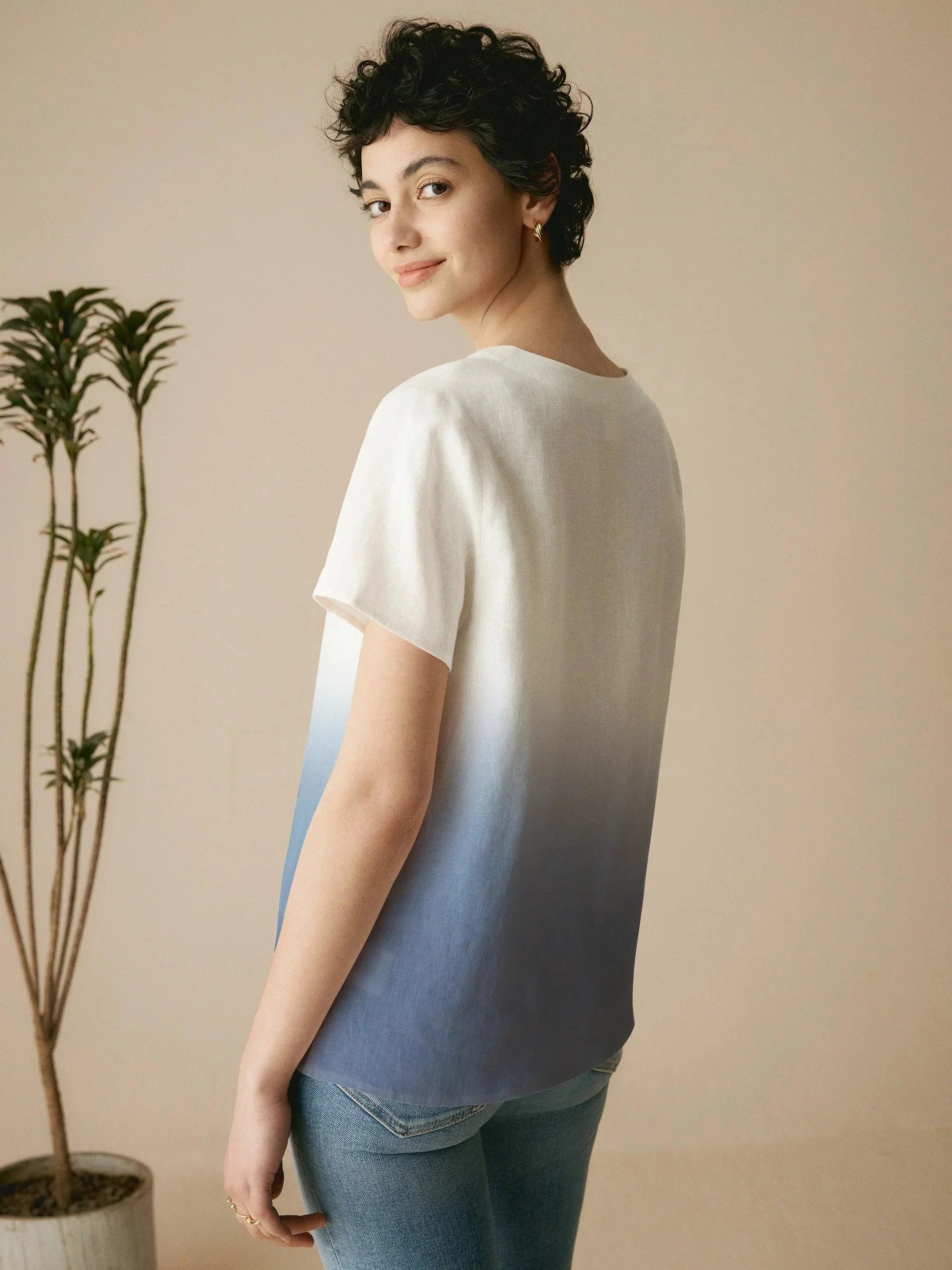 100% Linen Easy Popover V-Neck Boxy Top DAWN