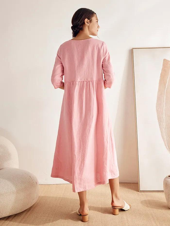 100% Linen Loose Fit Button Waist Gathered Maxi Dress LUNA