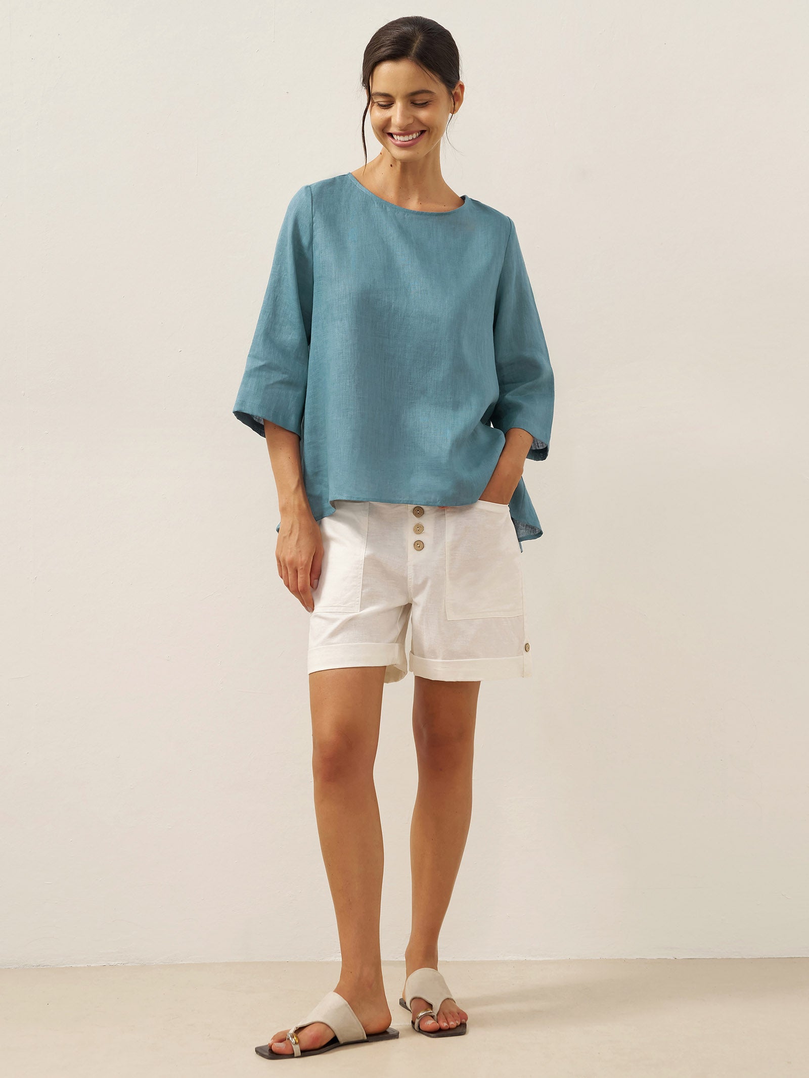 100% Linen Round Neck Asymmetrical Hem Top BRIANNA