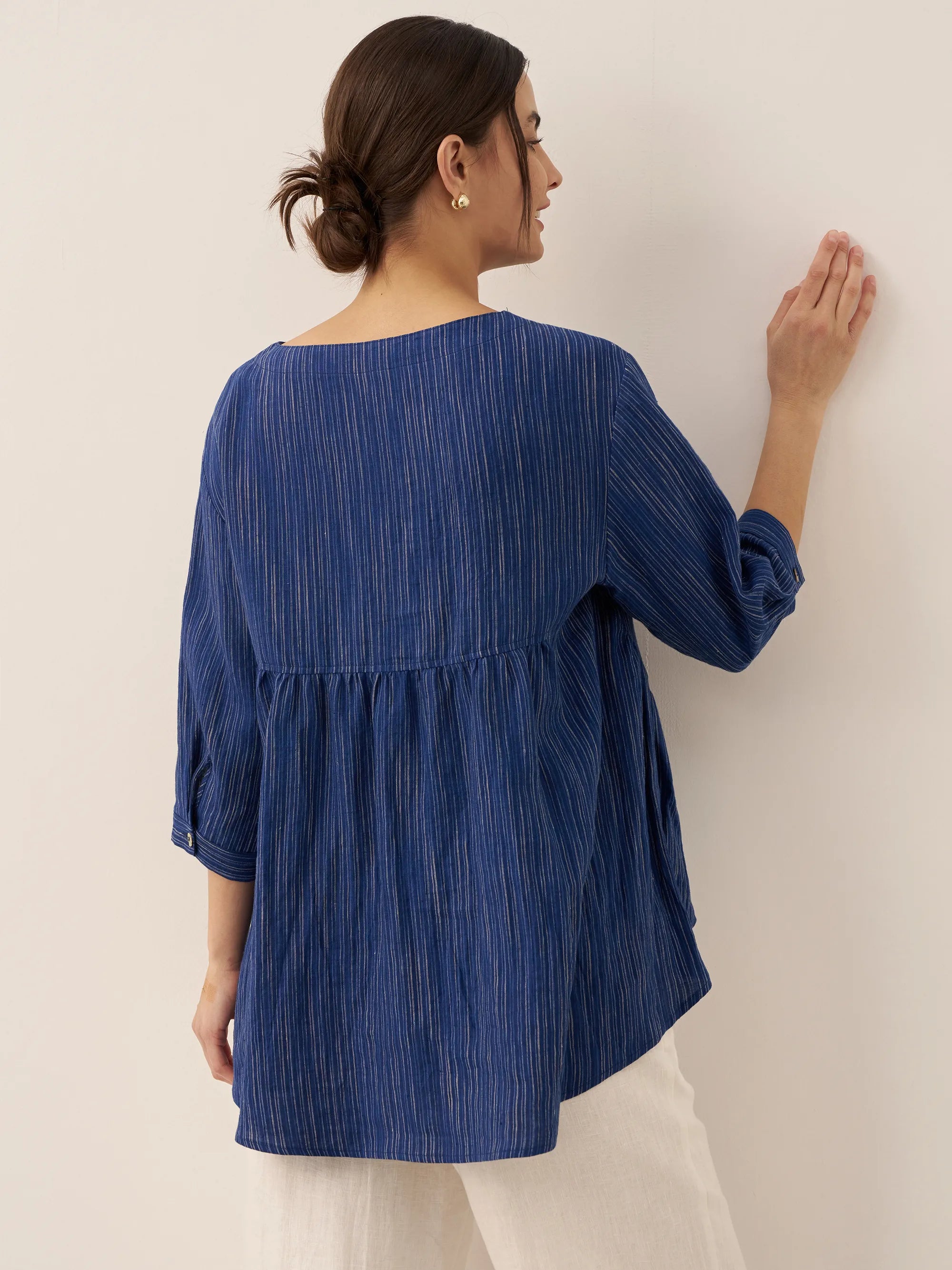 100% Linen Round Neck Artistic Stripe Top FLORENCE