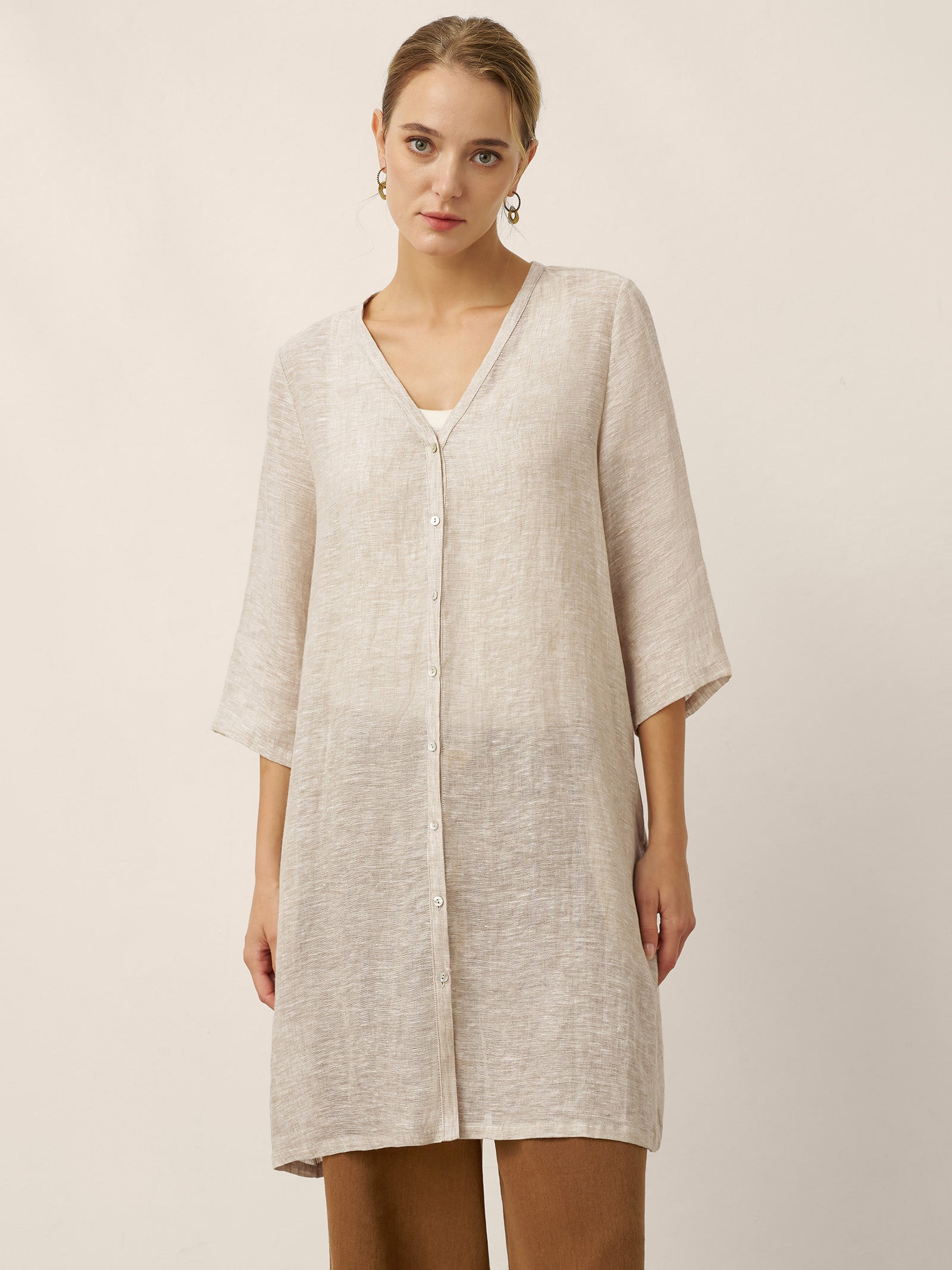 100% Linen Button Front Three-Quarter Sleeve Top PEYTON
