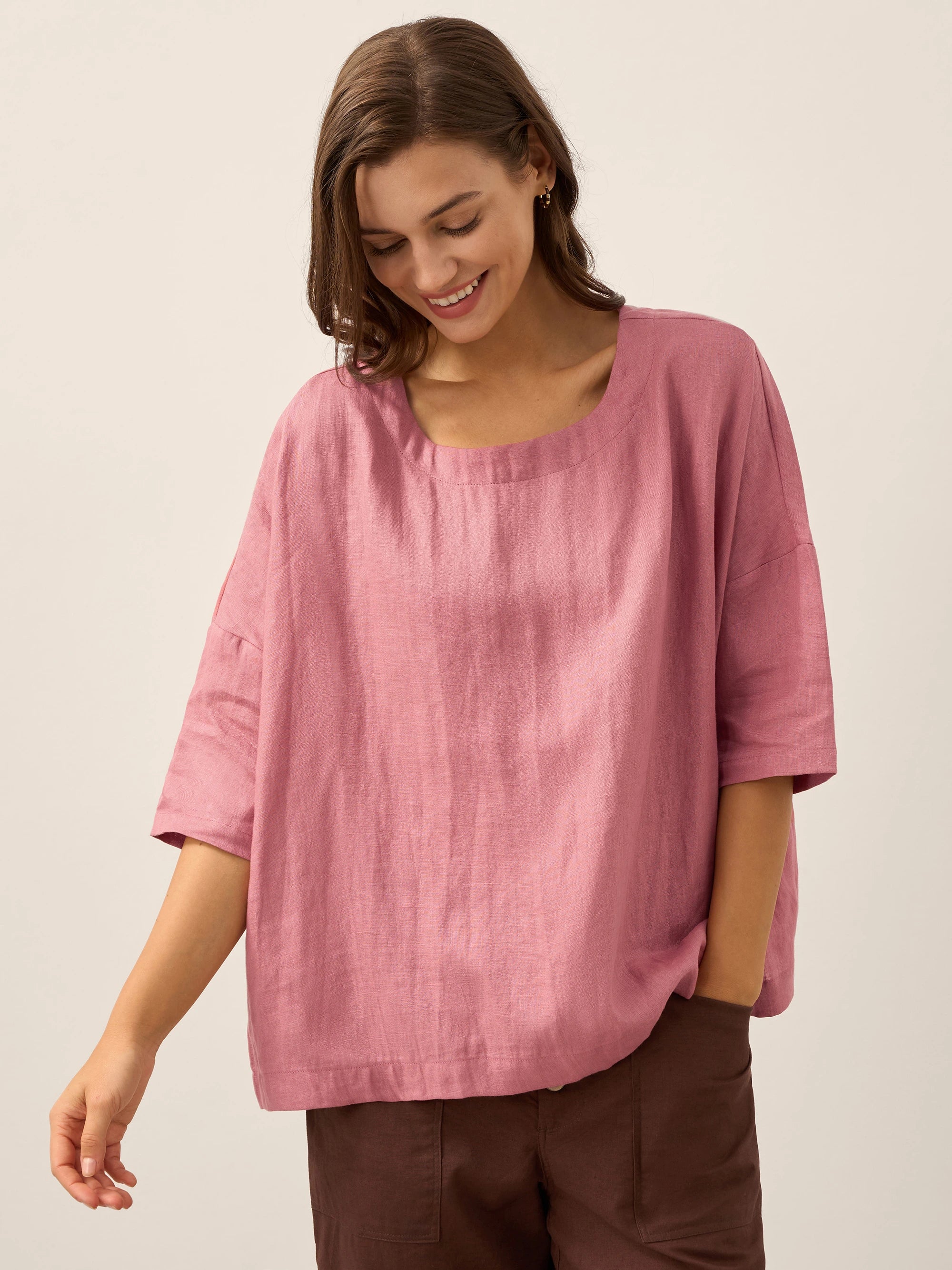 100% Linen Boatneck 3/4 Length Sleeve Top AURORA