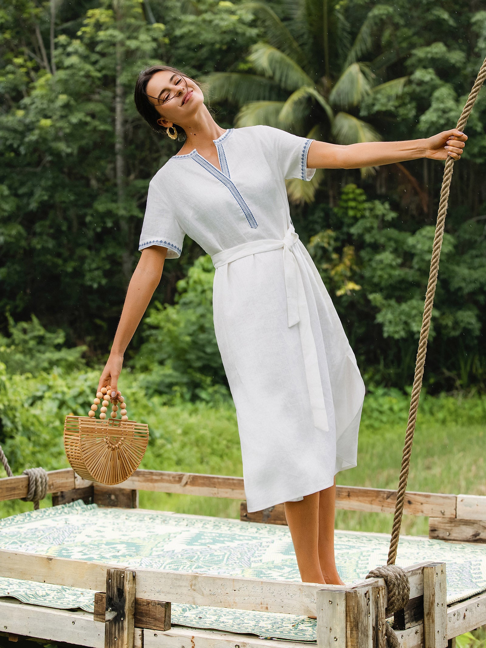 100% Linen Embroidered V-Neck Midi Dress with Belt FELLIS