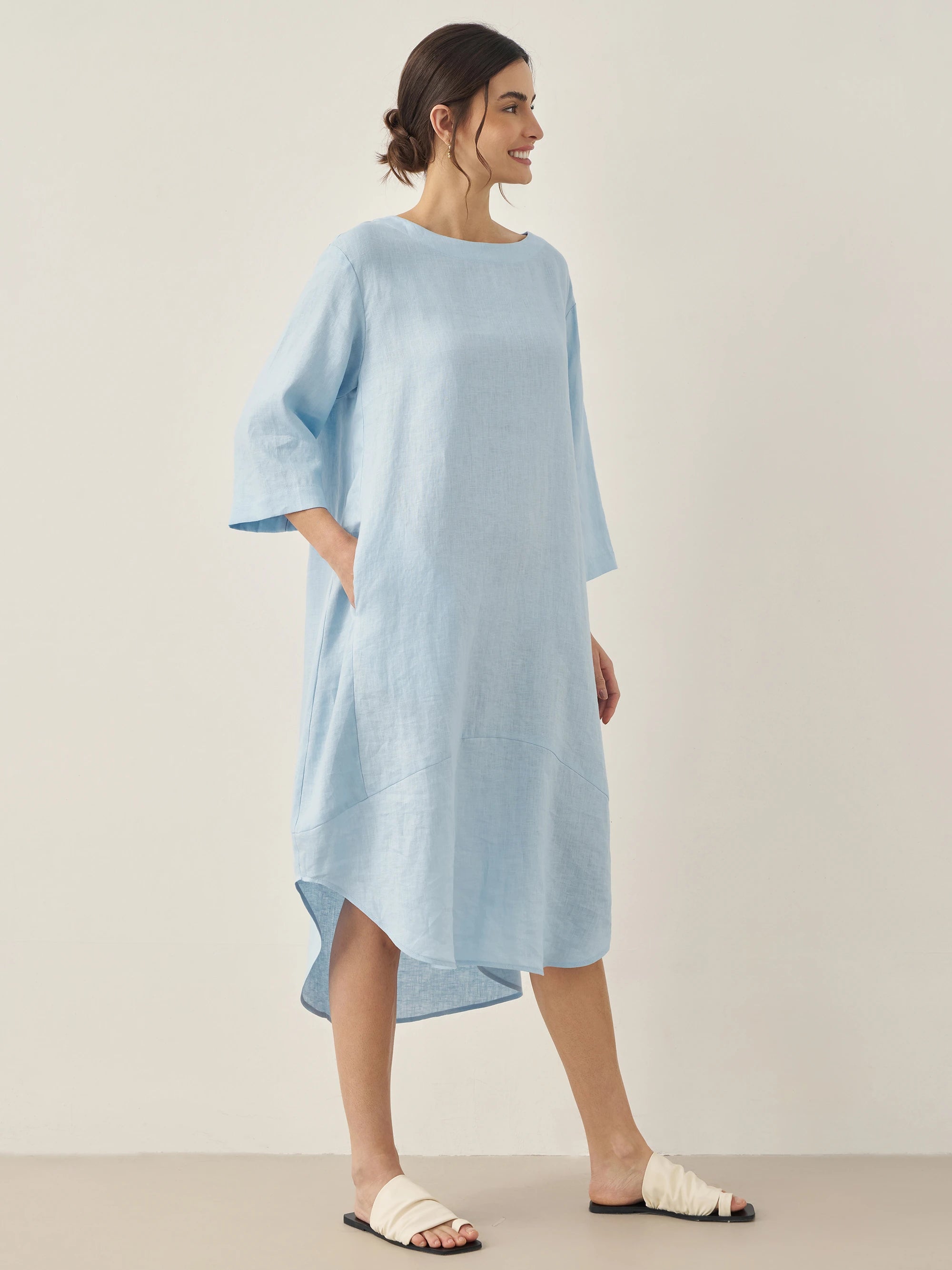 100% Linen Bateau Neck Midi Dress BROOKE