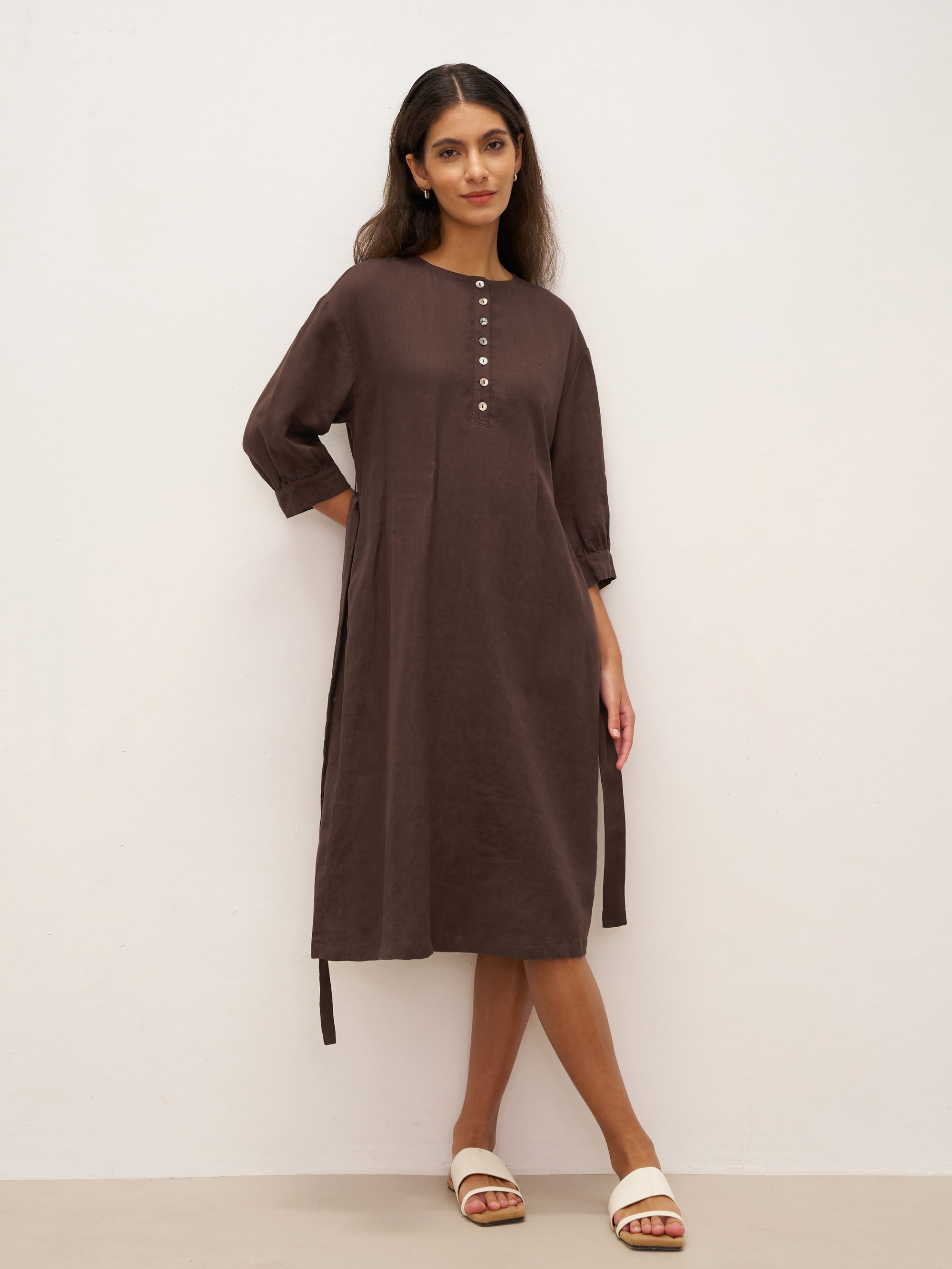 100% Linen Button Detail Midi Dress with Detachable Belt EIRA