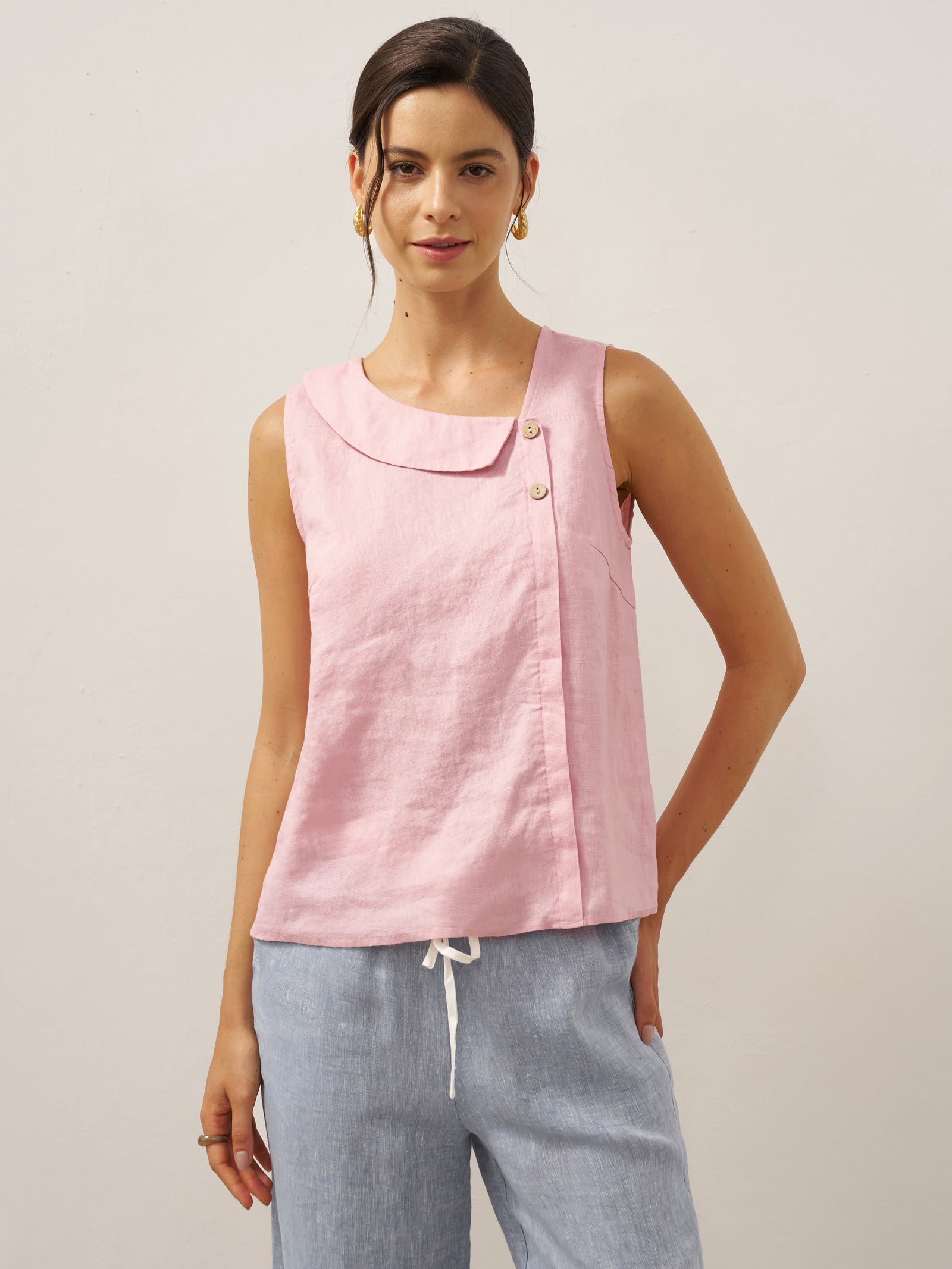 100% Linen Sleeveless Crescent Collar Top KARA