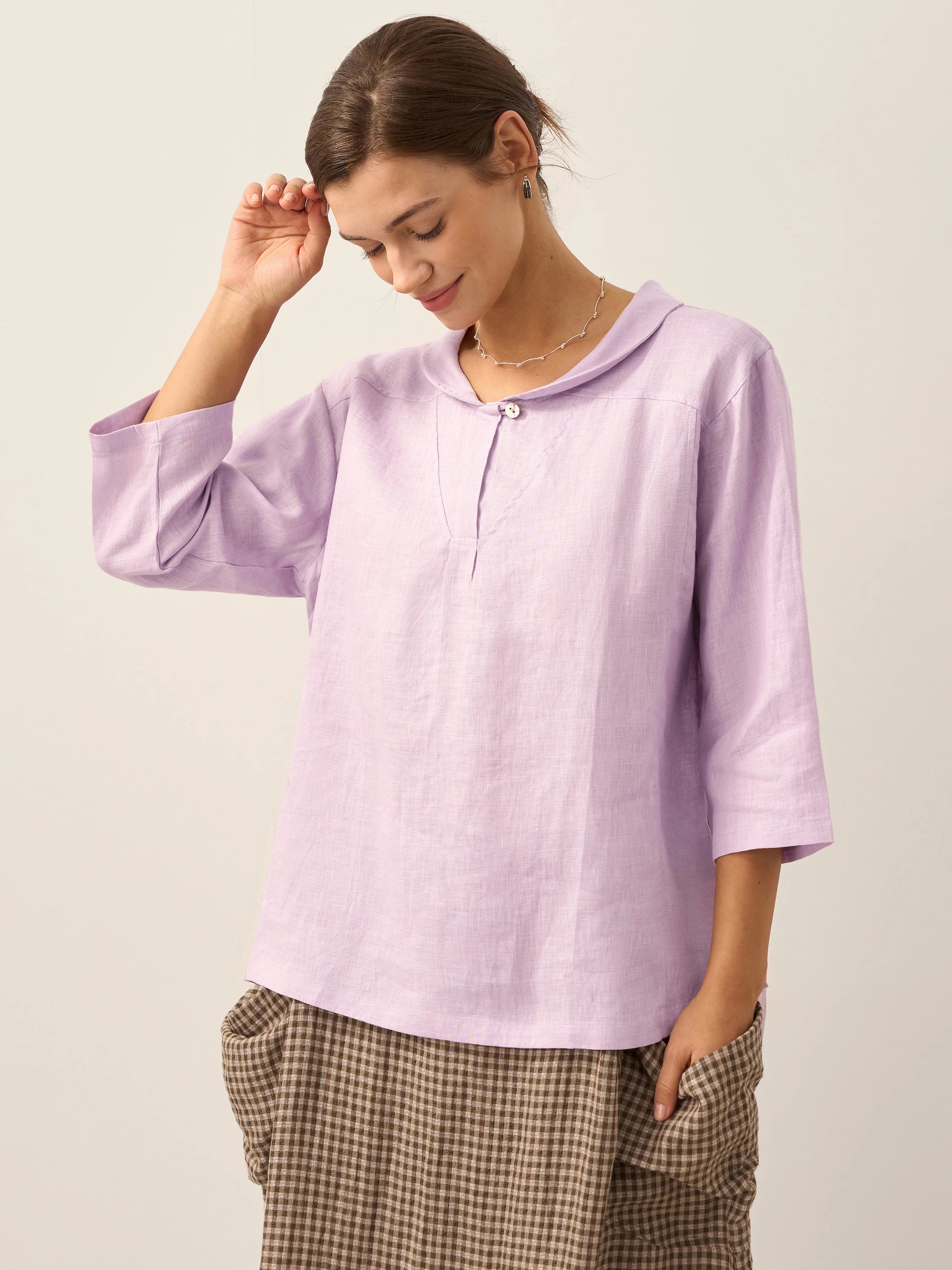 100% Linen Shawl V-Neck Half Sleeve Top JADE