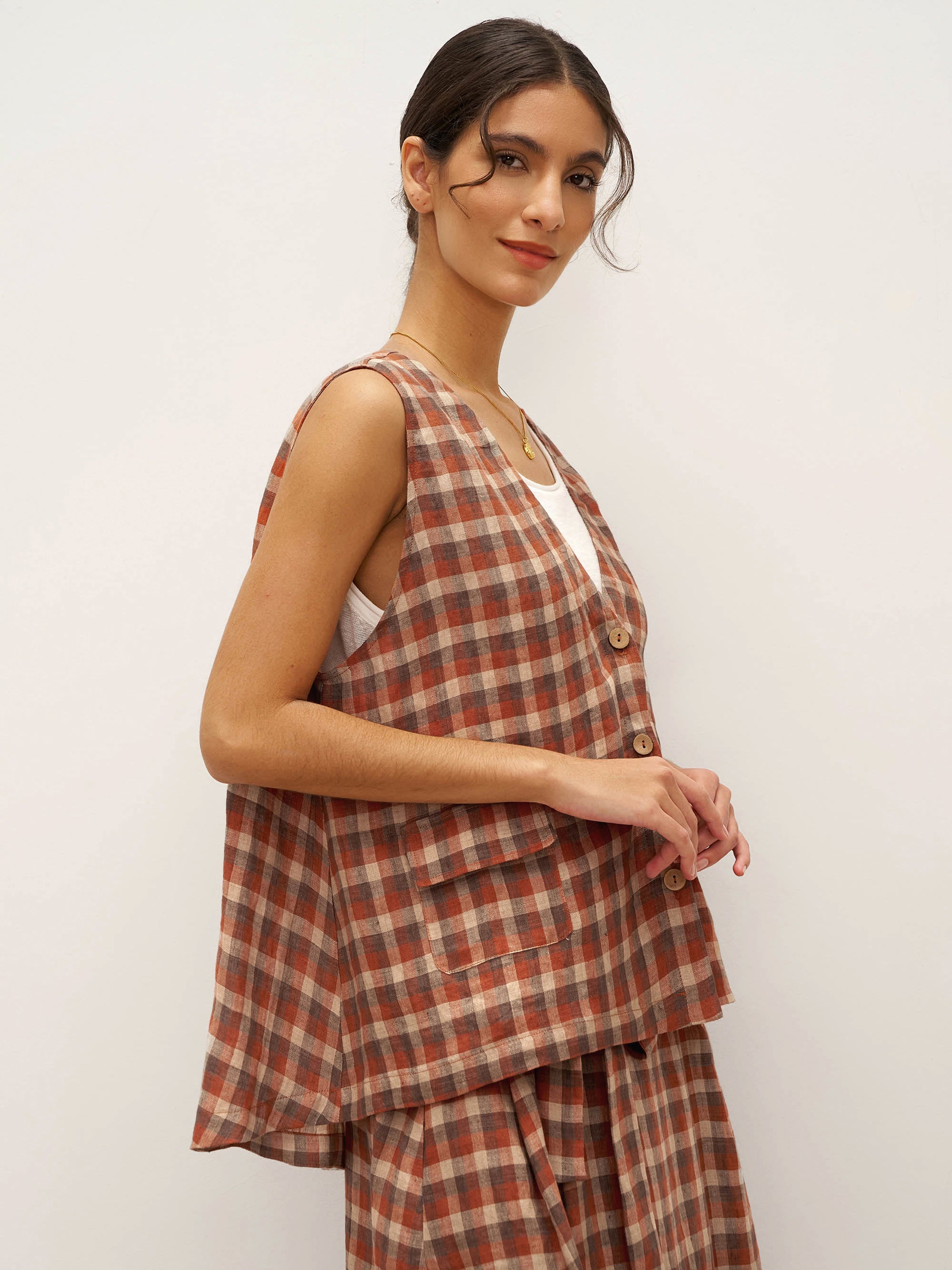 100% Linen V-Neck Checked Oversized Vest DORIS